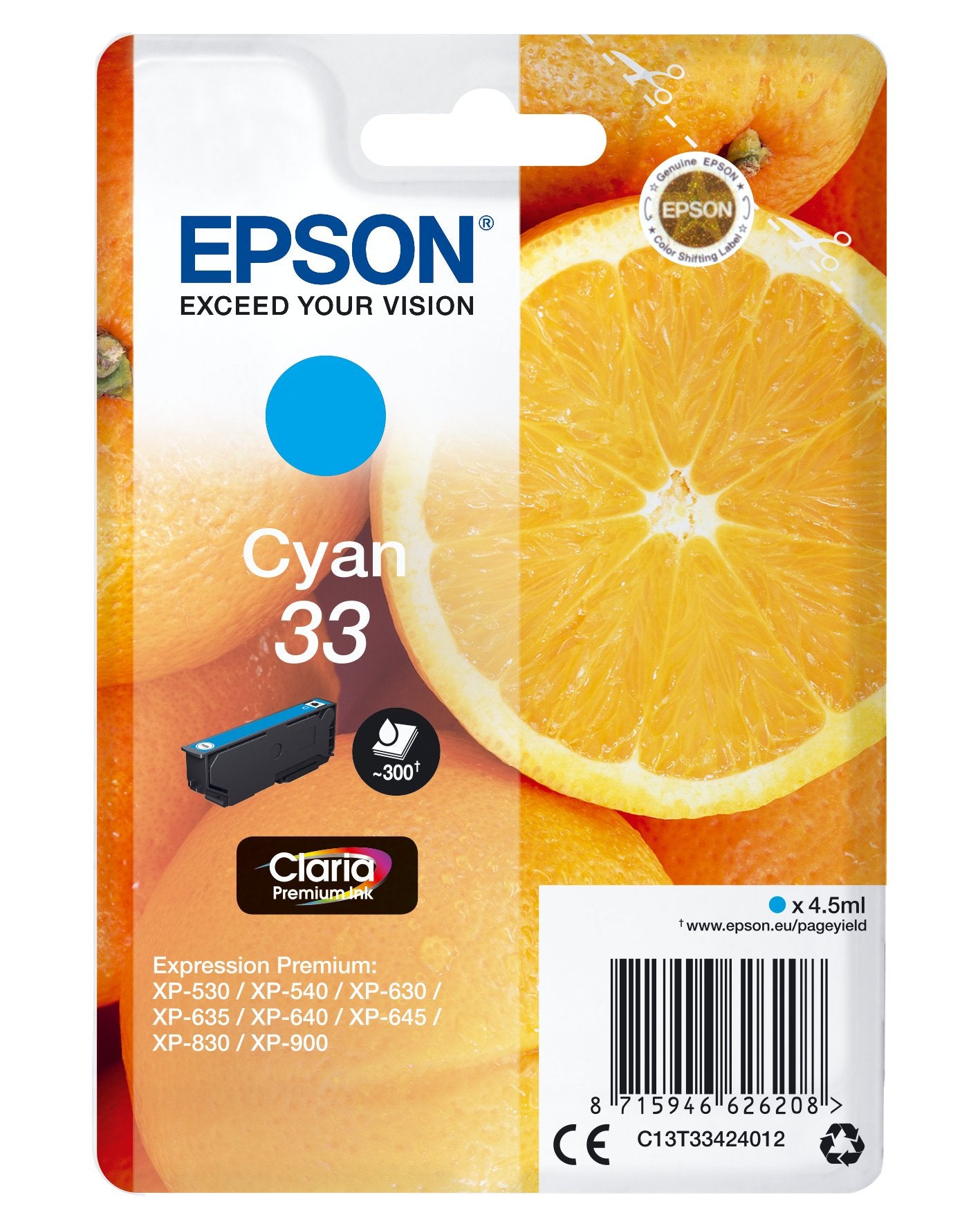 EAN 8715946626208 - Epson Oranges C13T33424012 cartucho de tinta 1 pieza(s) Original Rendimiento estándar Cian imagen 1