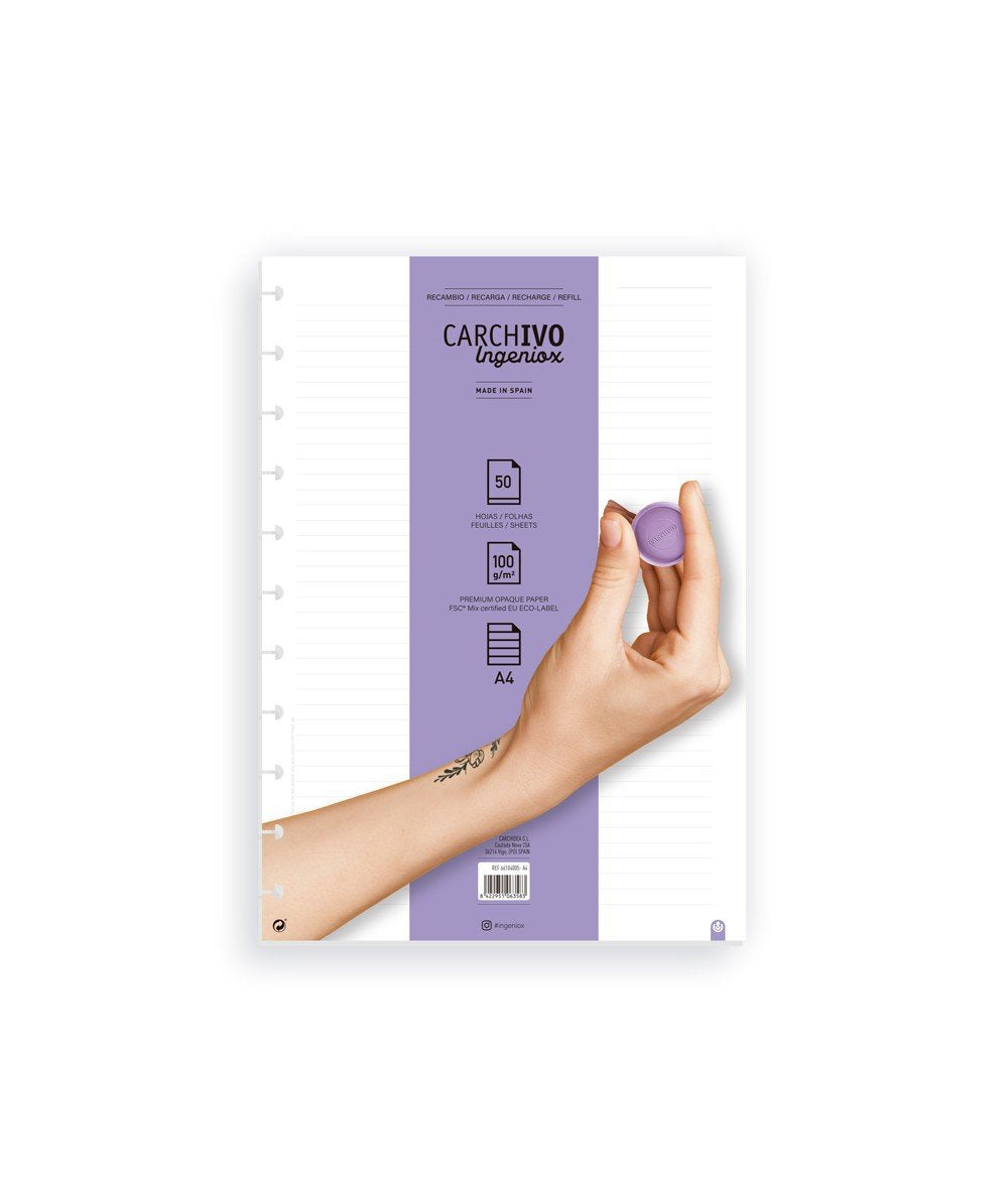 Carchivo Recambio Cuaderno Ingeniox A4 50 Hojas Extraíbles 100gr Pautado 7mm