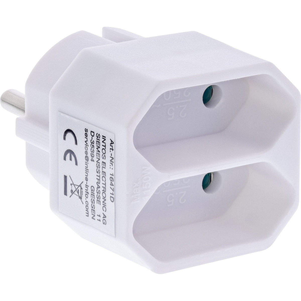 Inline® Power Adapter, Earthing Contact Plug A 2x Euro Socket, White