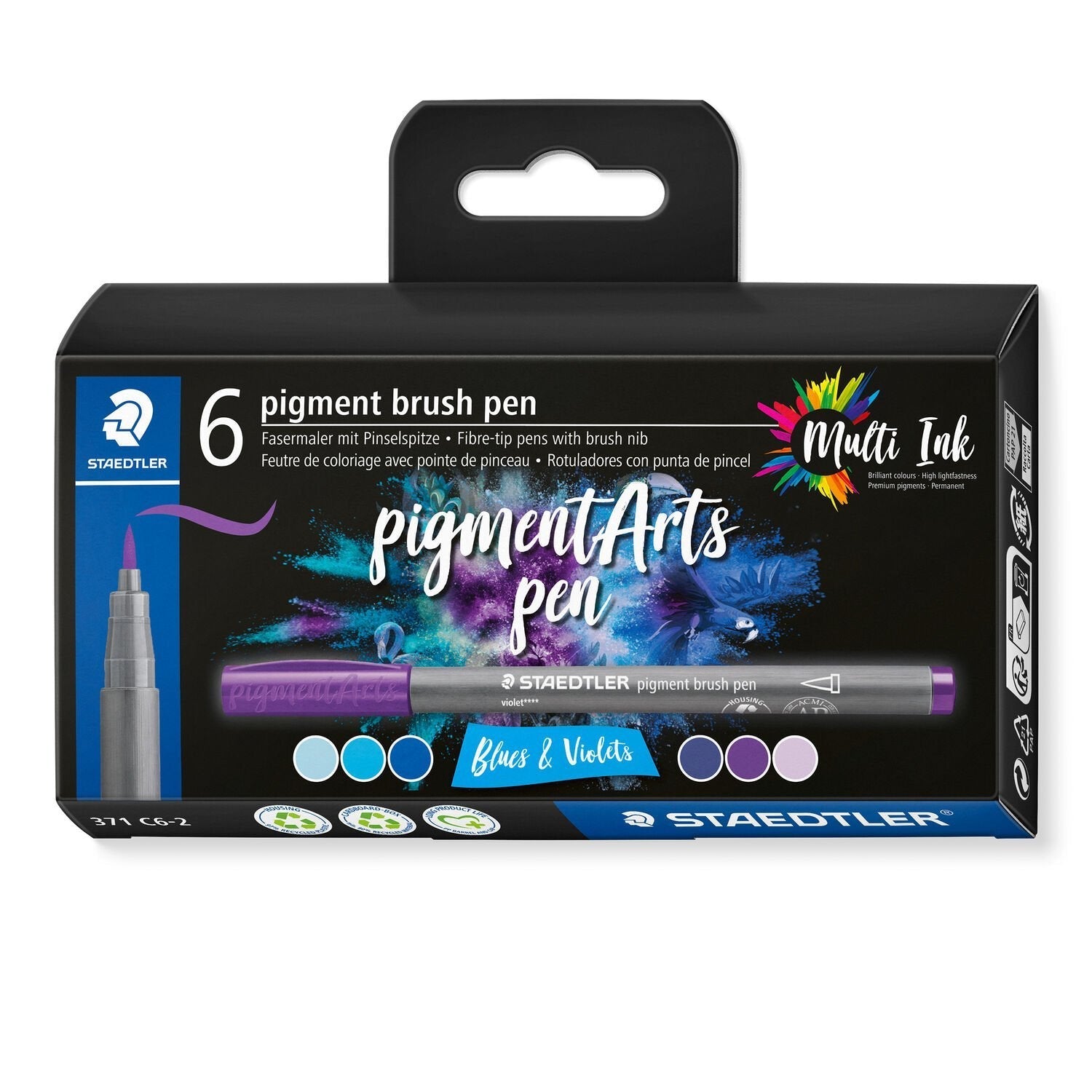 Staedtler 371 Pack De 6 Rotuladores Punta De Pincel Suave - Nueva Tinta Multi Ink - Pigmentos De Primera Calidad - Colores Azules/Violetas Surtidos