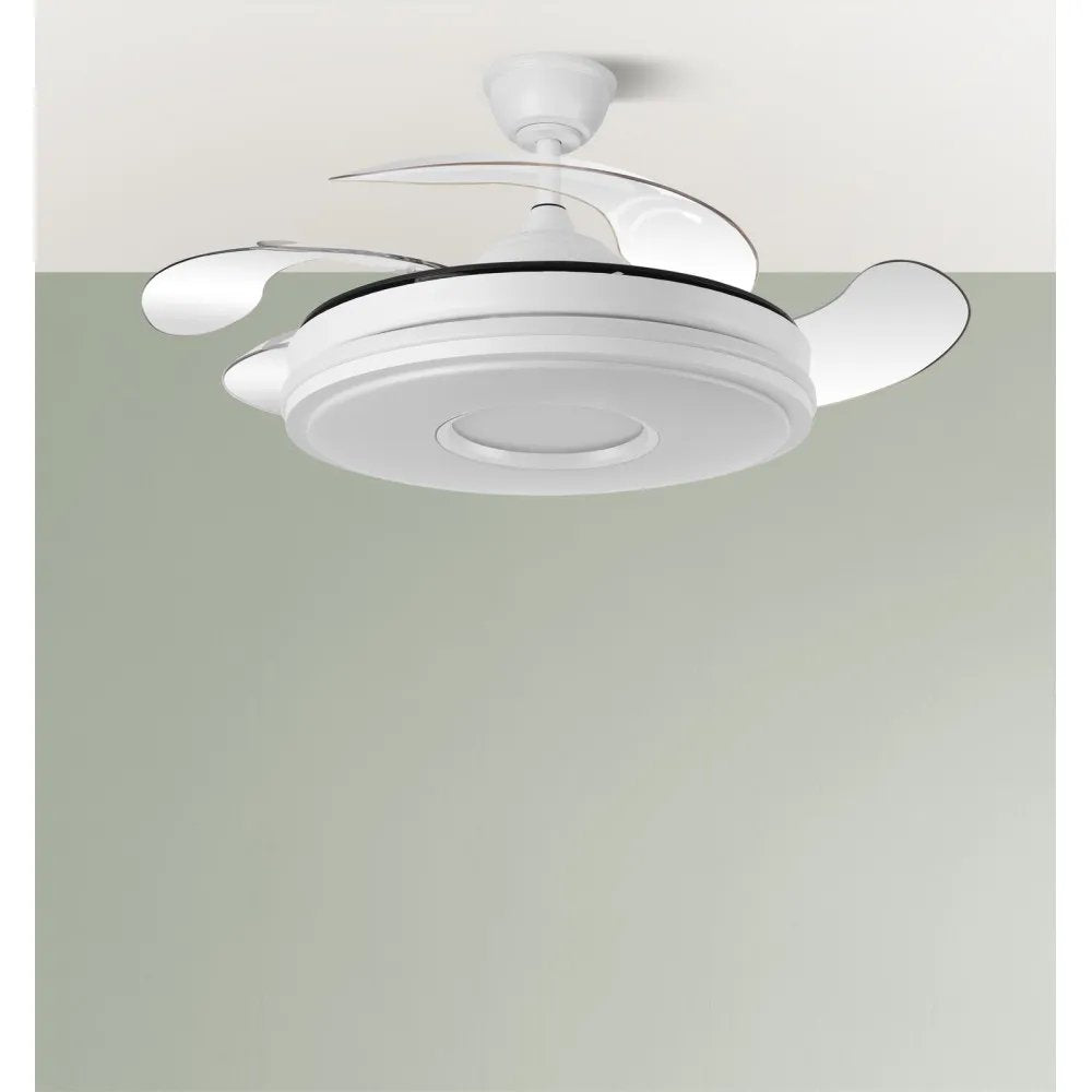 Ventilador Abrila Dani Techo 1060 Mm Mando A Distancia 6 Velocidades Motor Dc Luz Led Integrada 3 Colores Aspas Transparentes Acabado En Blanco