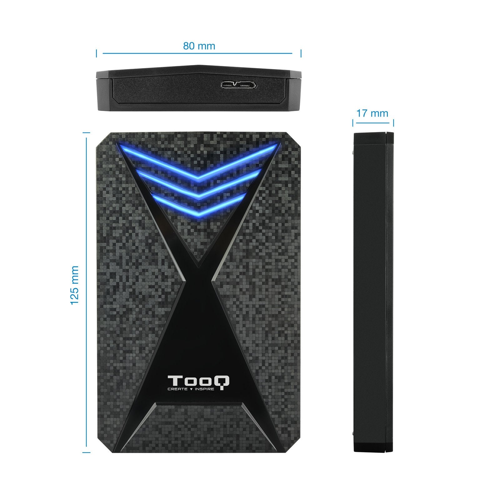Tooq Carcasa Externa Gaming Hdd/Sdd 2.5" Hasta 9.5mm Sata Usb 3.0/3.1 Gen 1 - Iluminacion Led Azul - Sin Tornillos -