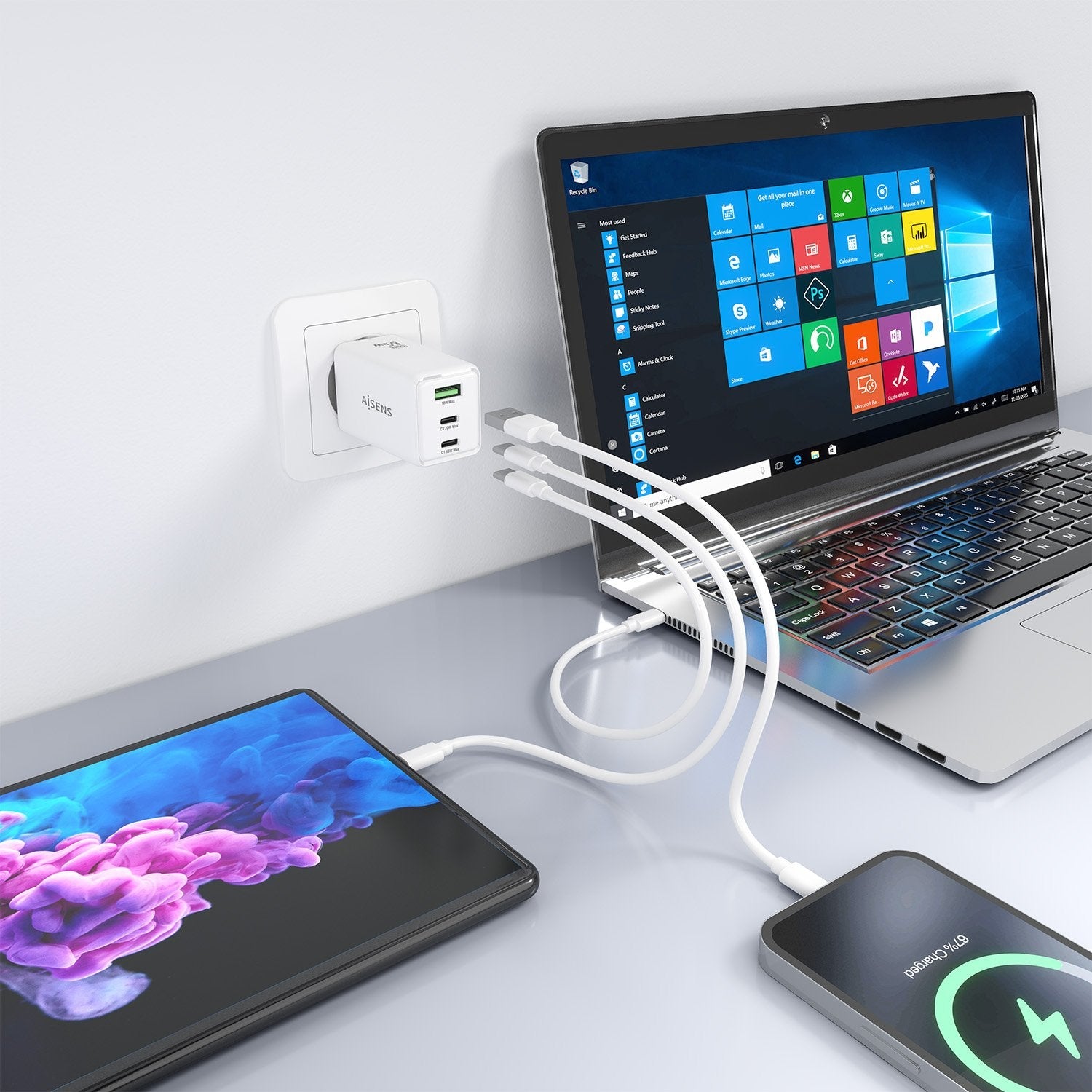 Aisens Cargador Gan 65w, 2xusb-C Pd3.0 Qc4.0, 1xusb-A Qc3.0, Blanco