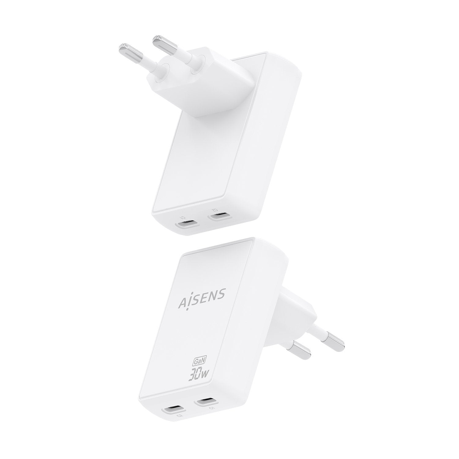 Aisens Cargador De Pared Gan Ultra Delgado 30w, 2xusb-C Pd3.0 Qc4.0, Blanco