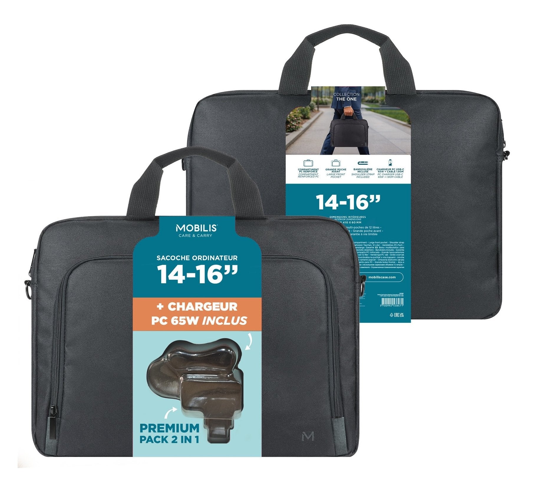 Mobilis Theone Briefcase Toploading 14-16"+65w Laptopcharger