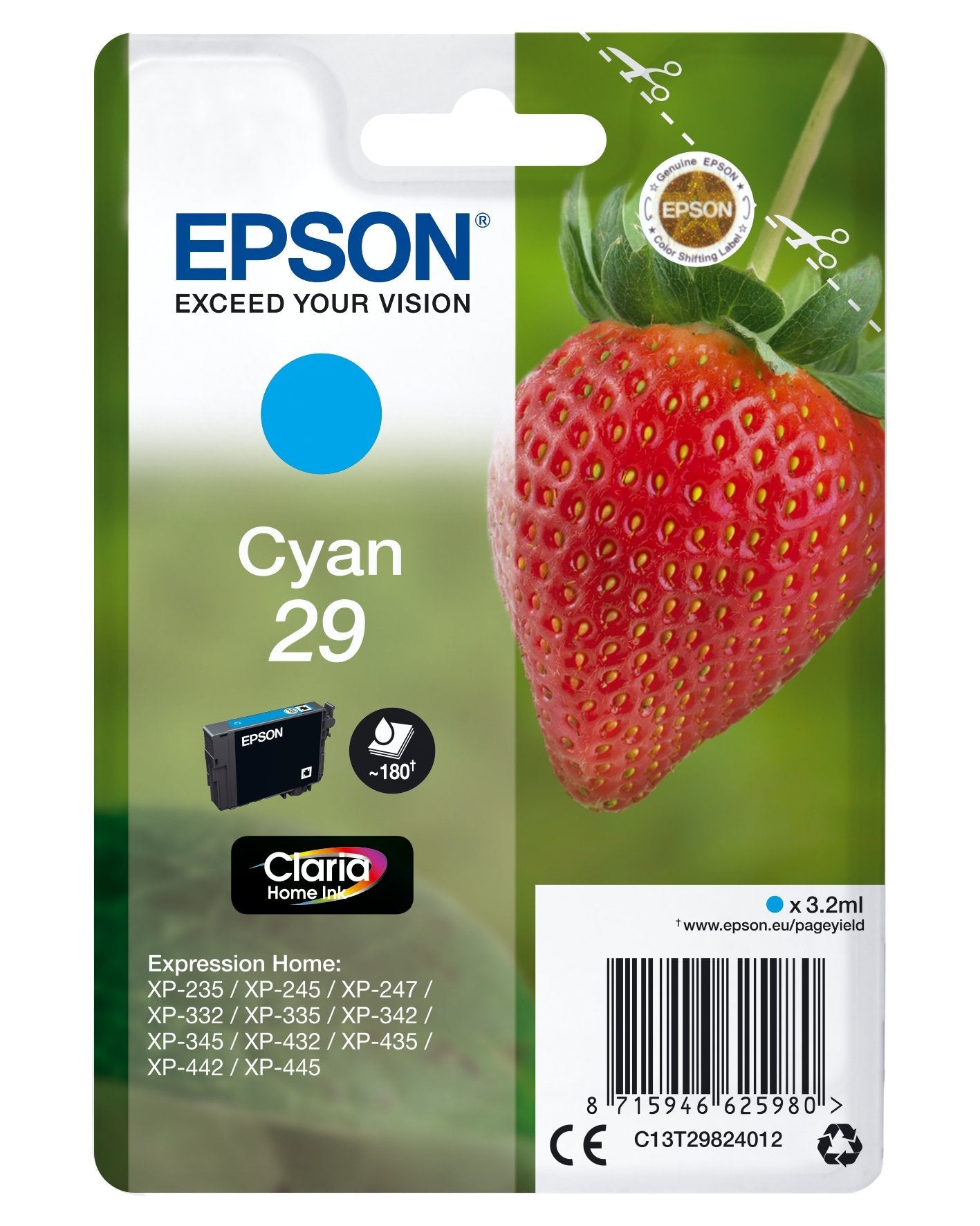 Epson Tinta Original Nº29 Cyan Para Expression Home Xp-235/ Xp-332/ Xp-335/ Xp-432/ Xp-435