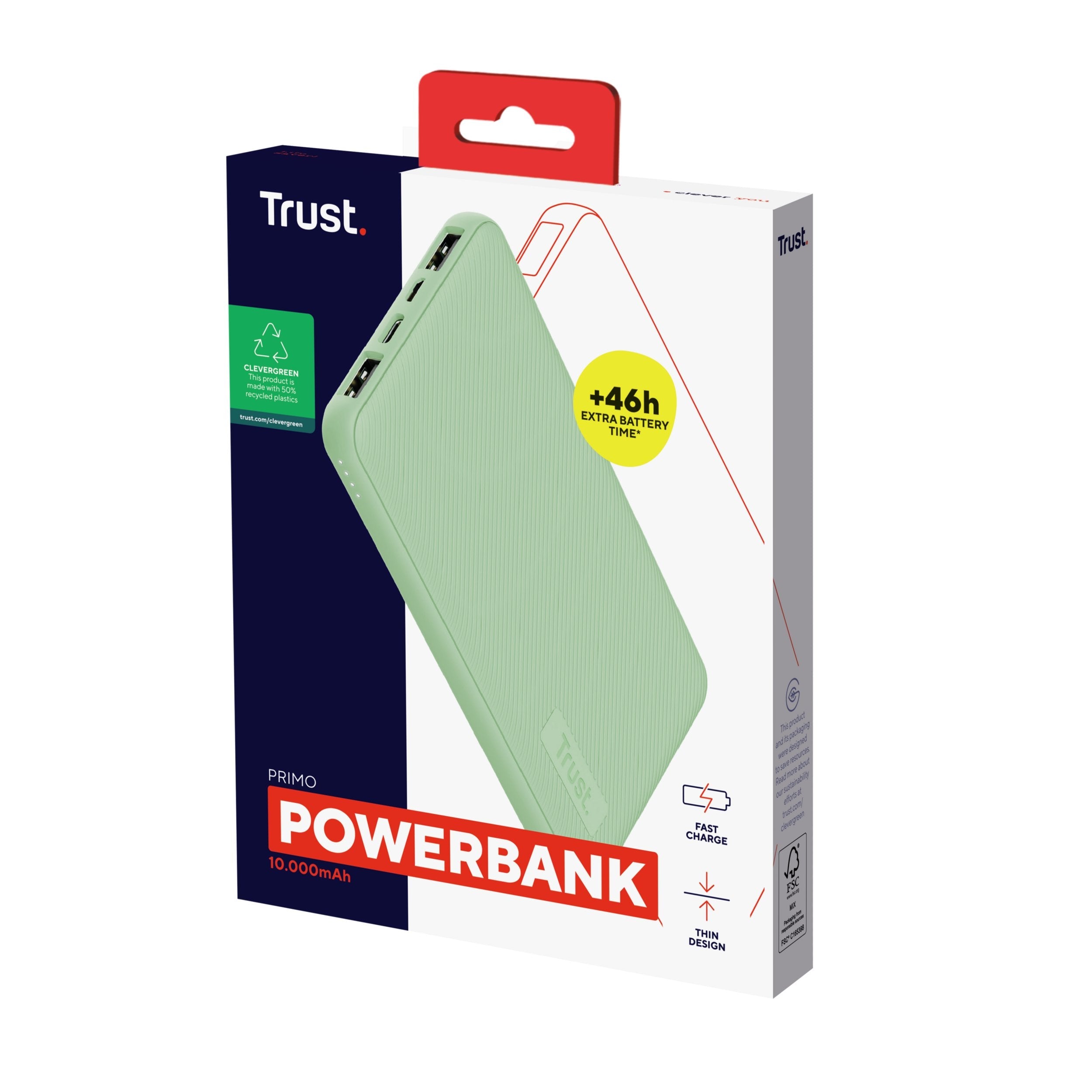 Powerbank Universal Trust Urban Primo Eco 10000 Ultrafina 25028 Verde 10000mah - 2 X Usb-A - 1 Usb-C