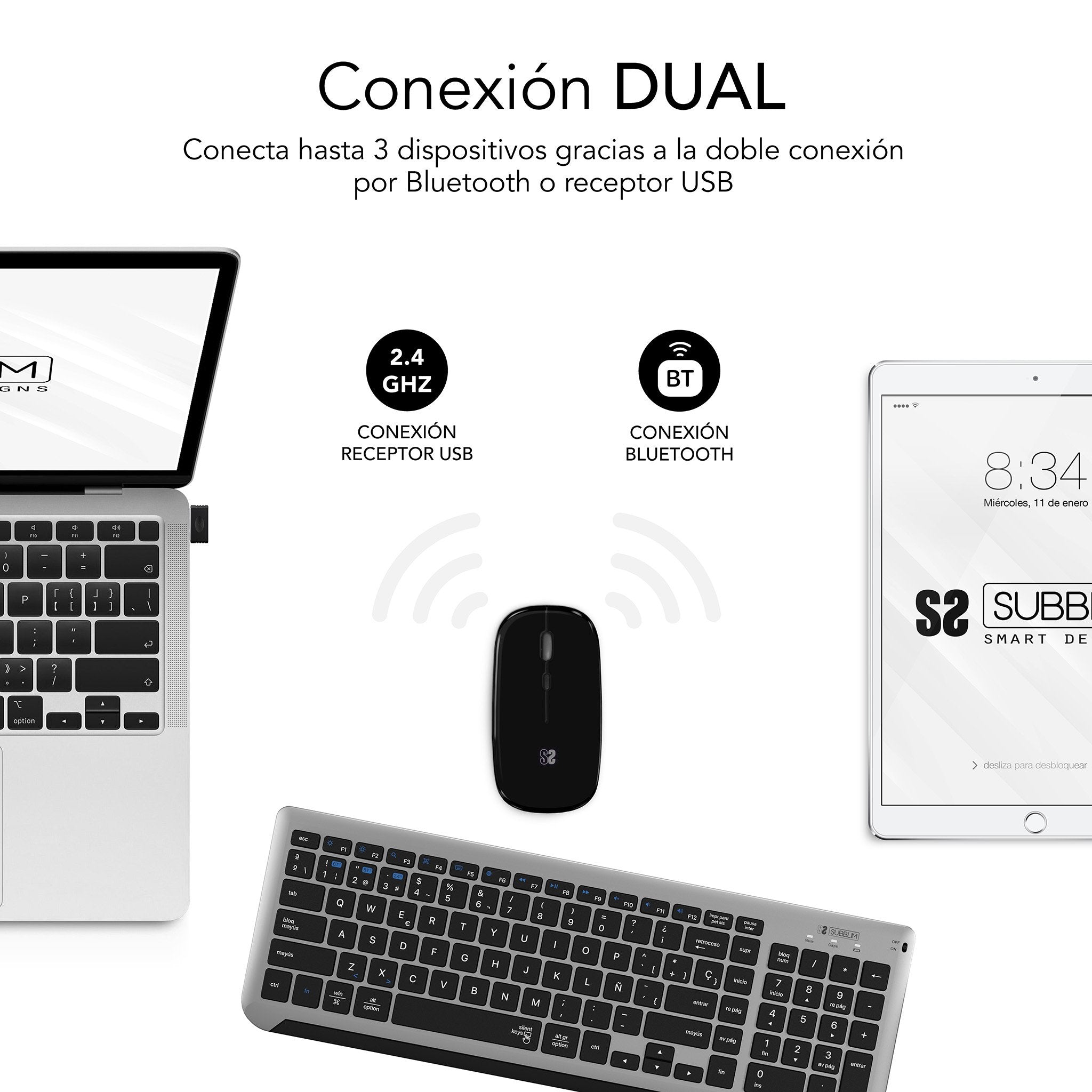 EAN 8436586742638 - SUBBLIM SUBKBC-DCEP20 teclado Ratón incluido Universal RF Wireless + Bluetooth QWERTY Español Negro, Gris imagen 3
