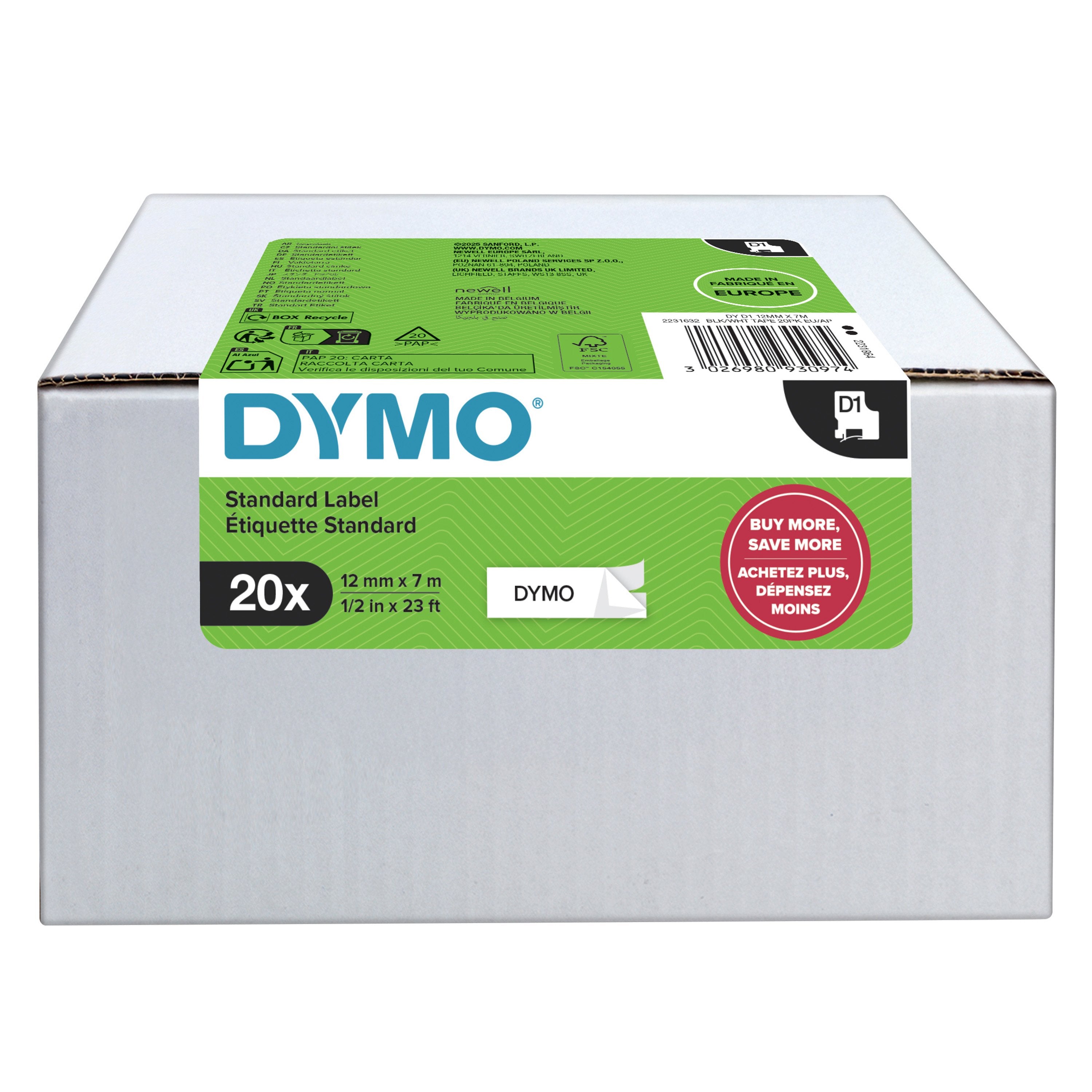 Cinta De Etiquetas Dymo D1 Original, Paquete Económico De 10, Negro Sobre Blanco, 9 Mm X 7 M 10 Cintas 2231632