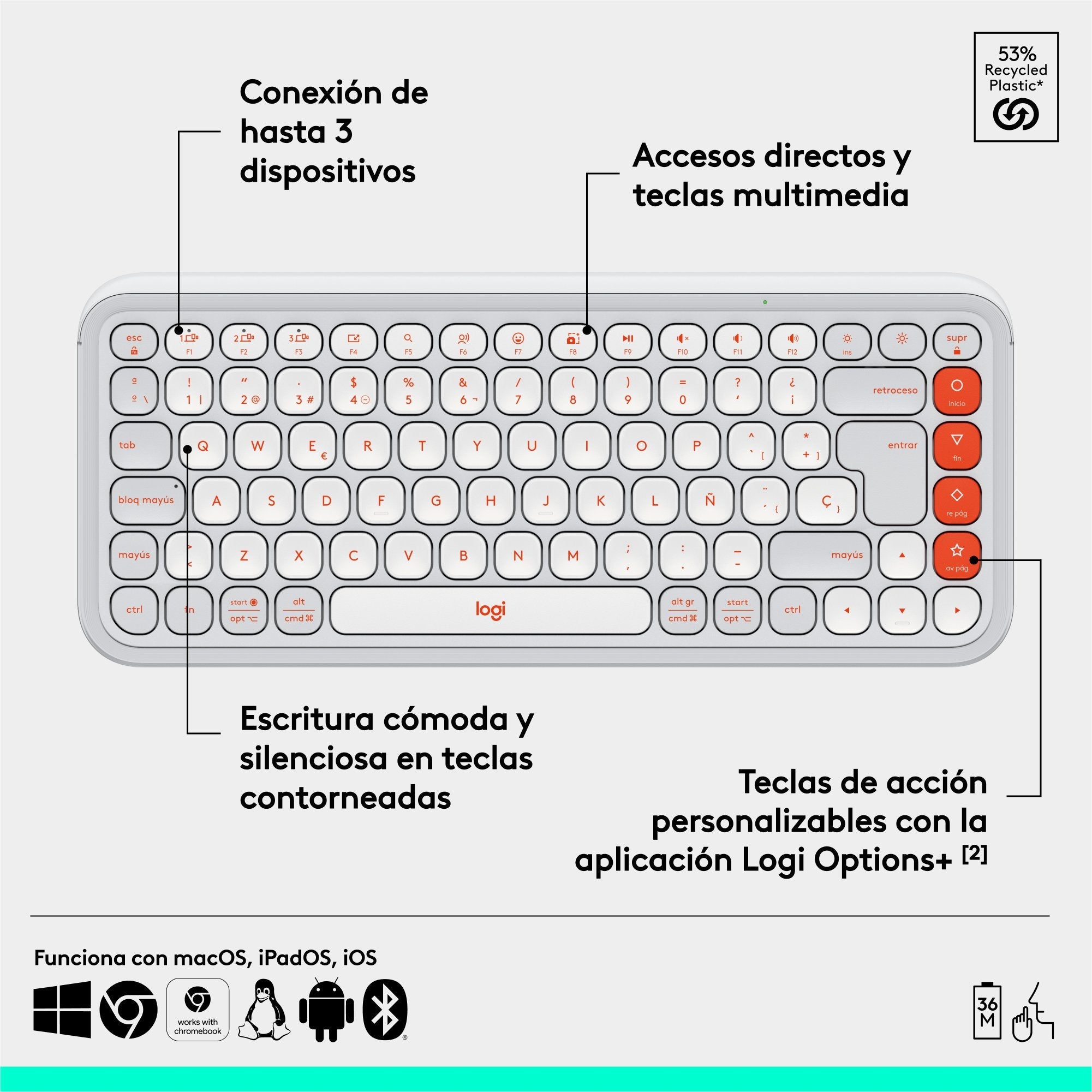 Teclado Esoañol Logitech Pop Icon Keys Inalámbrico Bluetooth Le Qwerty Español Blanco Apagado Naranja