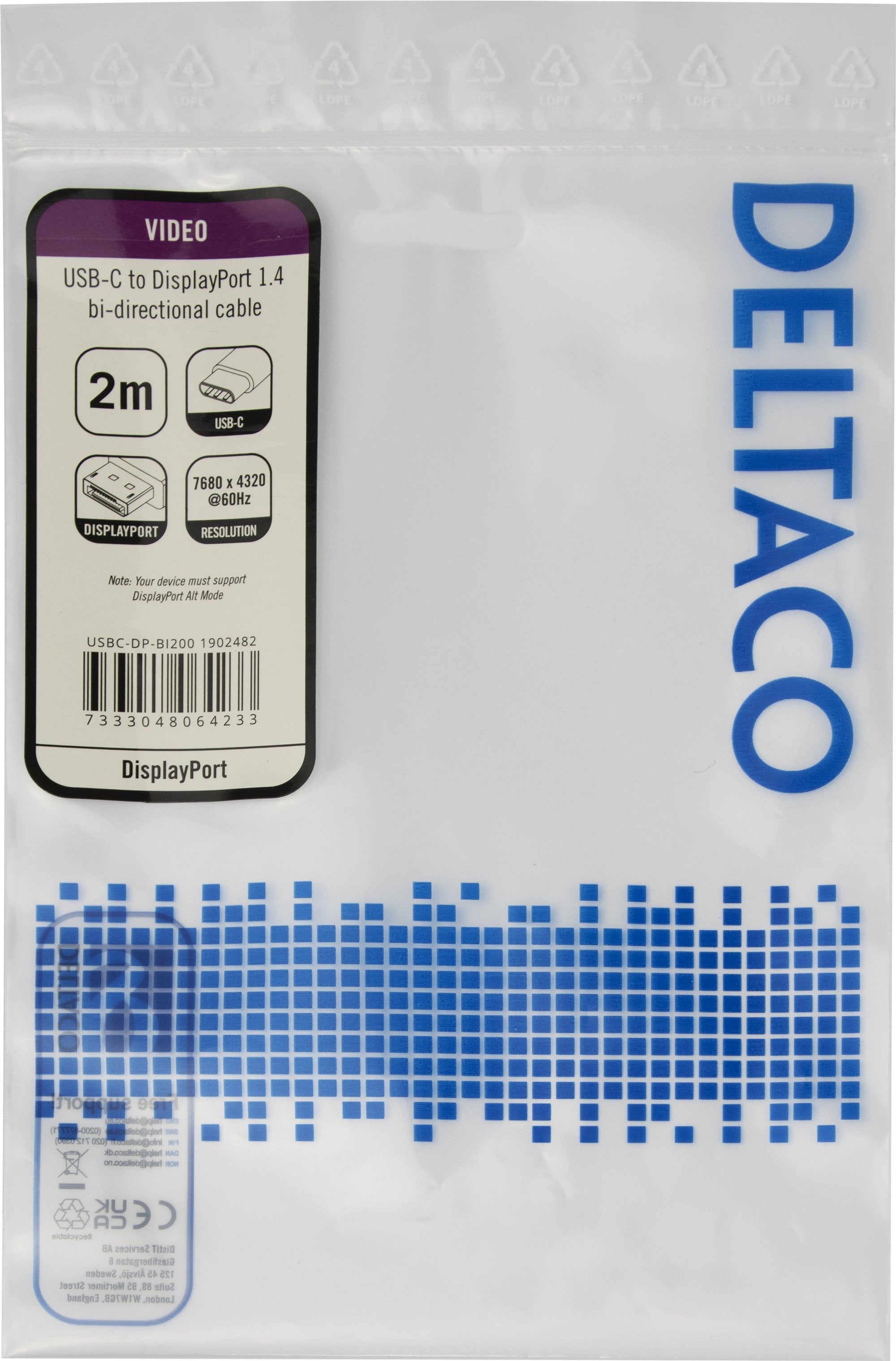 Deltaco 8k Usb-C/Displayport Kabel 7680x4320 30hz 2m Schwa