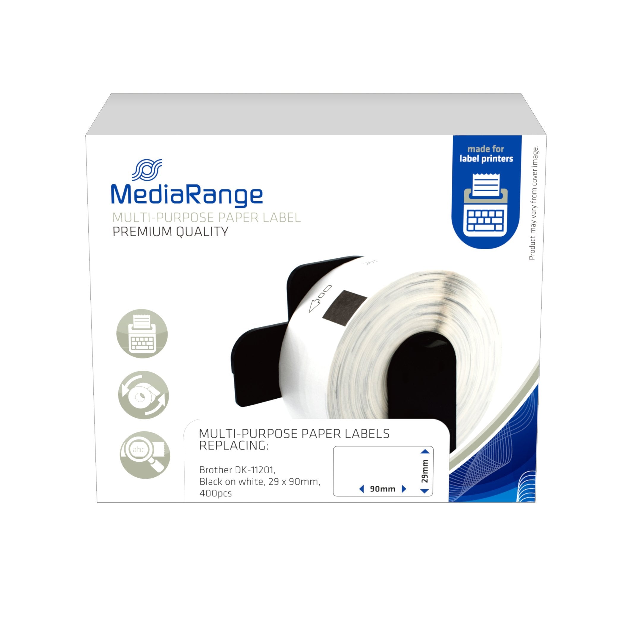 EAN 4260459618058 - MediaRange ge Schriftband 29x90mm schwarz/weiß Brother DK-11201 400Stk imagen 1