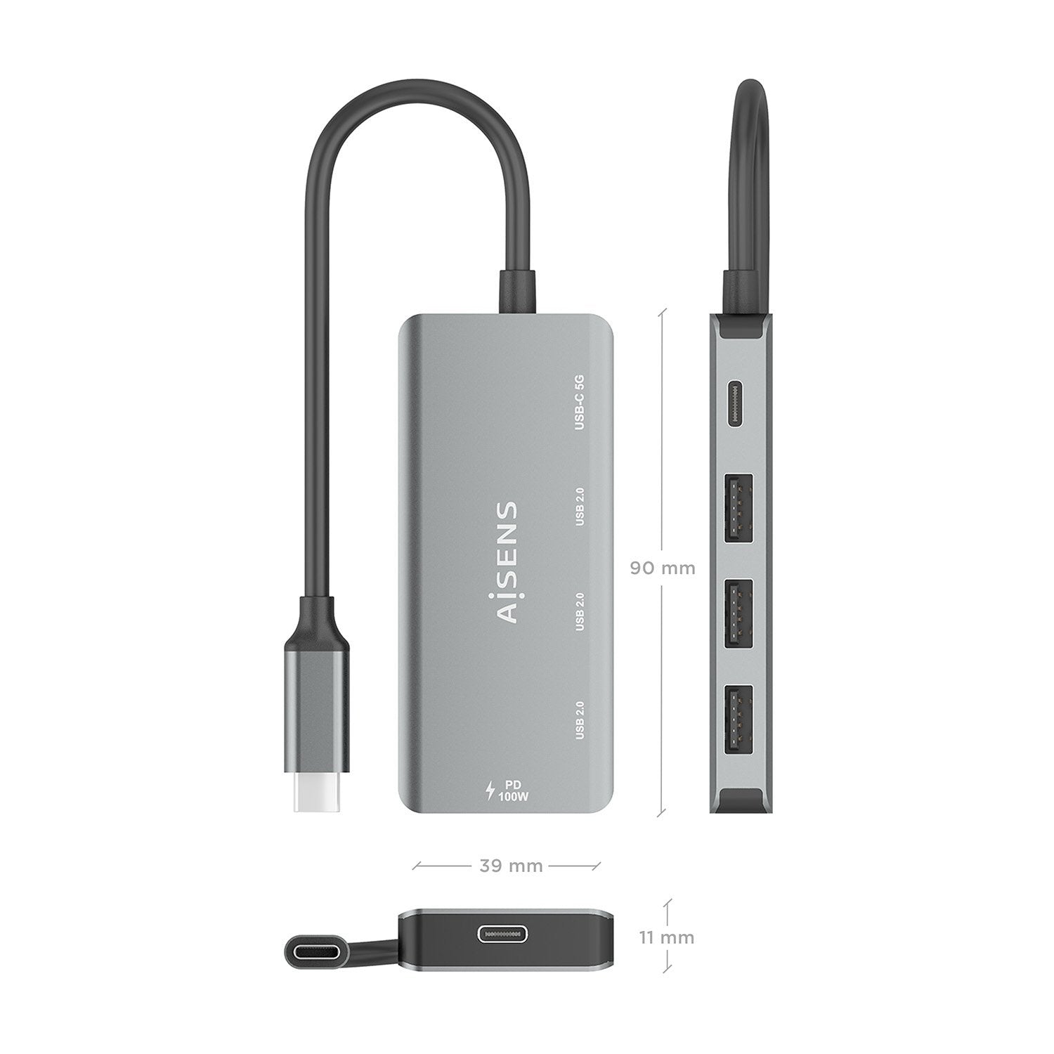 Aisens Hub Usb 3.1 Usb-C, Usb-C/M-1xusb-C Pd 100w+1xusb-C Usb3.0/H+3xusb-A Usb2.0/H, Gris, 15cm