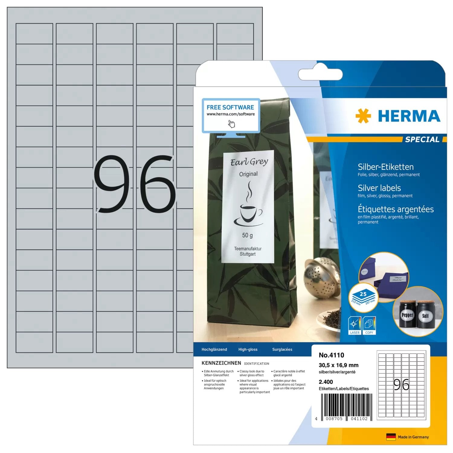 EAN 4008705041102 - HERMA 4110 etiqueta de impresora Plata Etiqueta para impresora autoadhesiva imagen 1