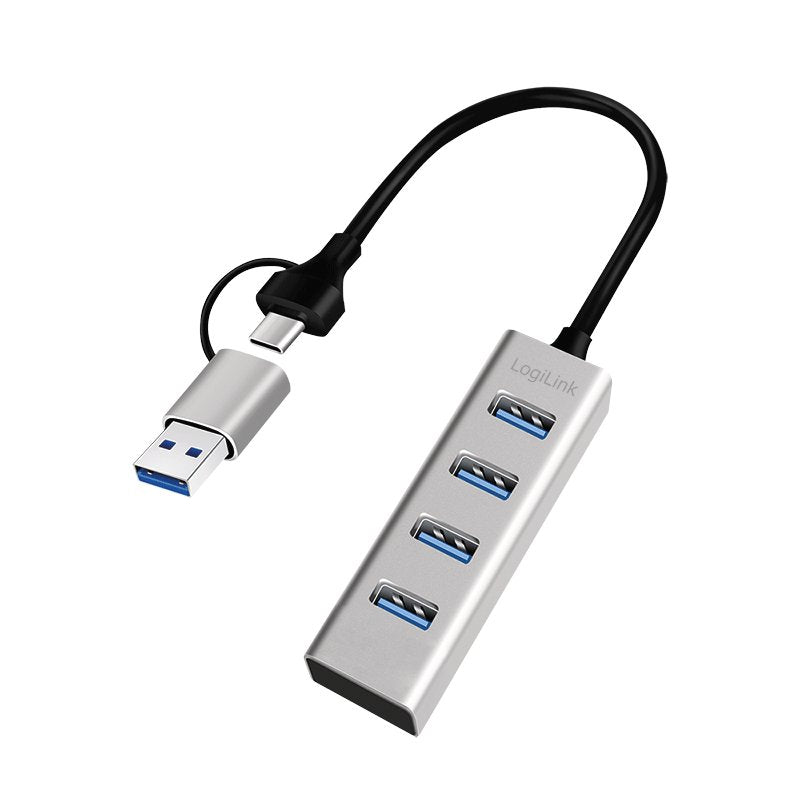 Hub Usb 3.0, 4x Usb-A, 5 Gbit/S, Cable De Conexión 2 En 1, Plateado