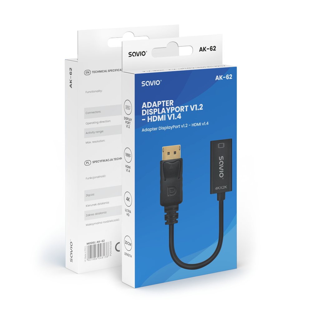 EAN 5901986048138 - Savio AK-62 adaptador de cable de vídeo 0,2 m DisplayPort HDMI Negro imagen 6