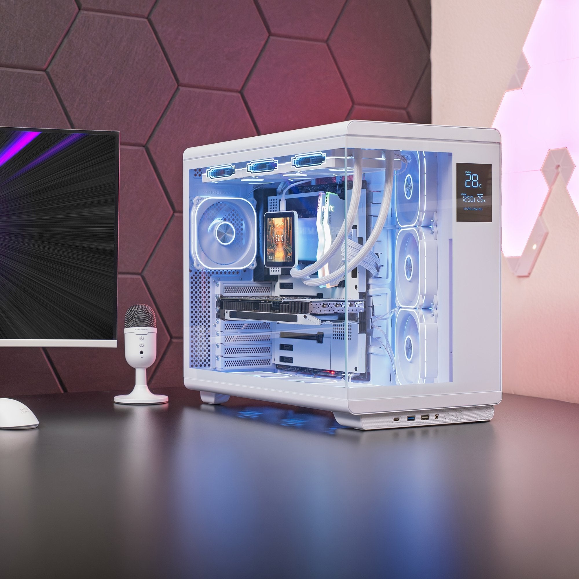 Caja Pc Atx Mars Gaming Mc-Revpro Pantalla Lcd 4.3" Cristal Templado 4x Ventiladores Argb Blanco