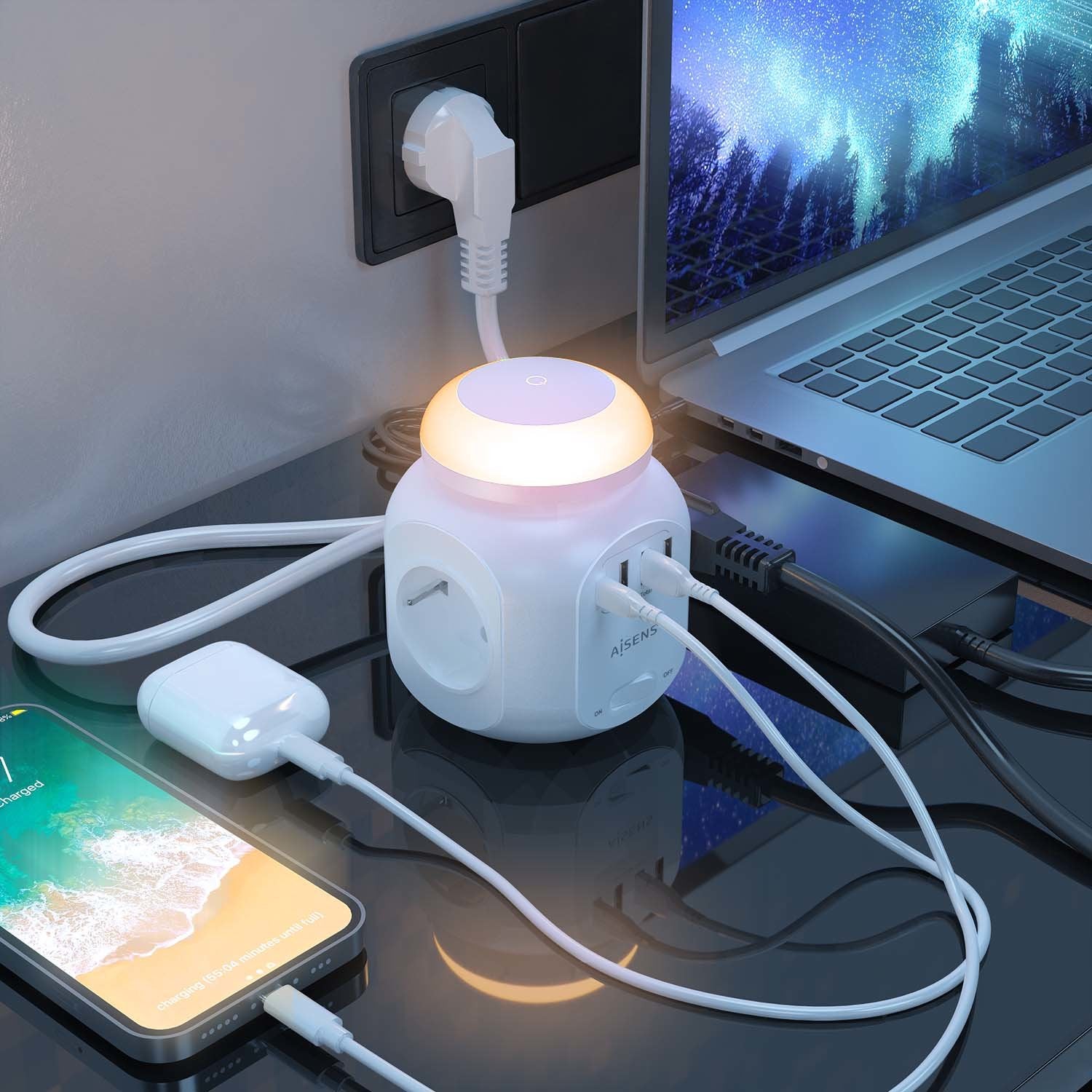 Aisens Regleta Sobremesa Multifuncion 4 Tomas + 1xusb-C - 3xusb-A - Luz Nocturna - 1.80m - Blanco