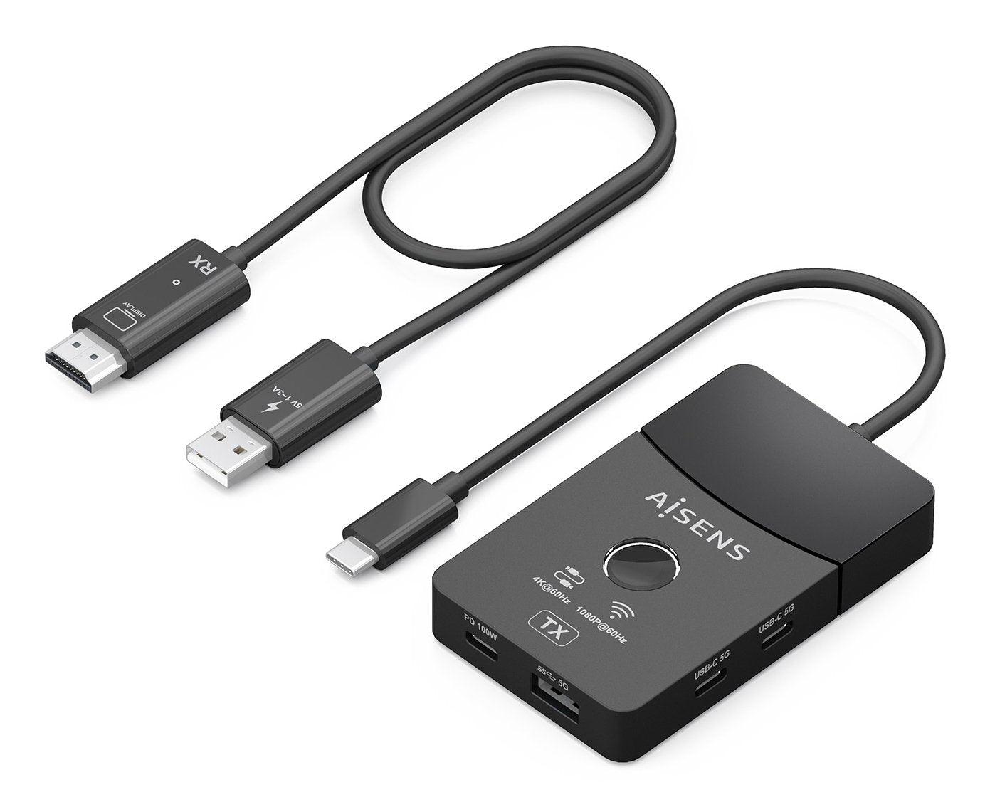 Aisens Docking Usb-C A Hdmi 1080p@60hz (Inalambrico) 30m, 1xhdmi 4k60hz (Cable) 2xusb-C 1xusb-A 1xusb-C Pd 100w, Negro