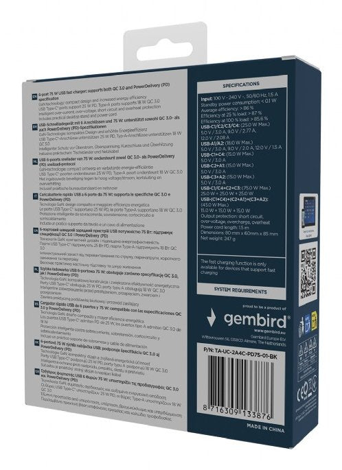 EAN 8716309133876 - Gembird TA-UC-2A4C-PD75-01-BK cargador de dispositivo móvil Universal Negro Corriente alterna Carga rápid imagen 6