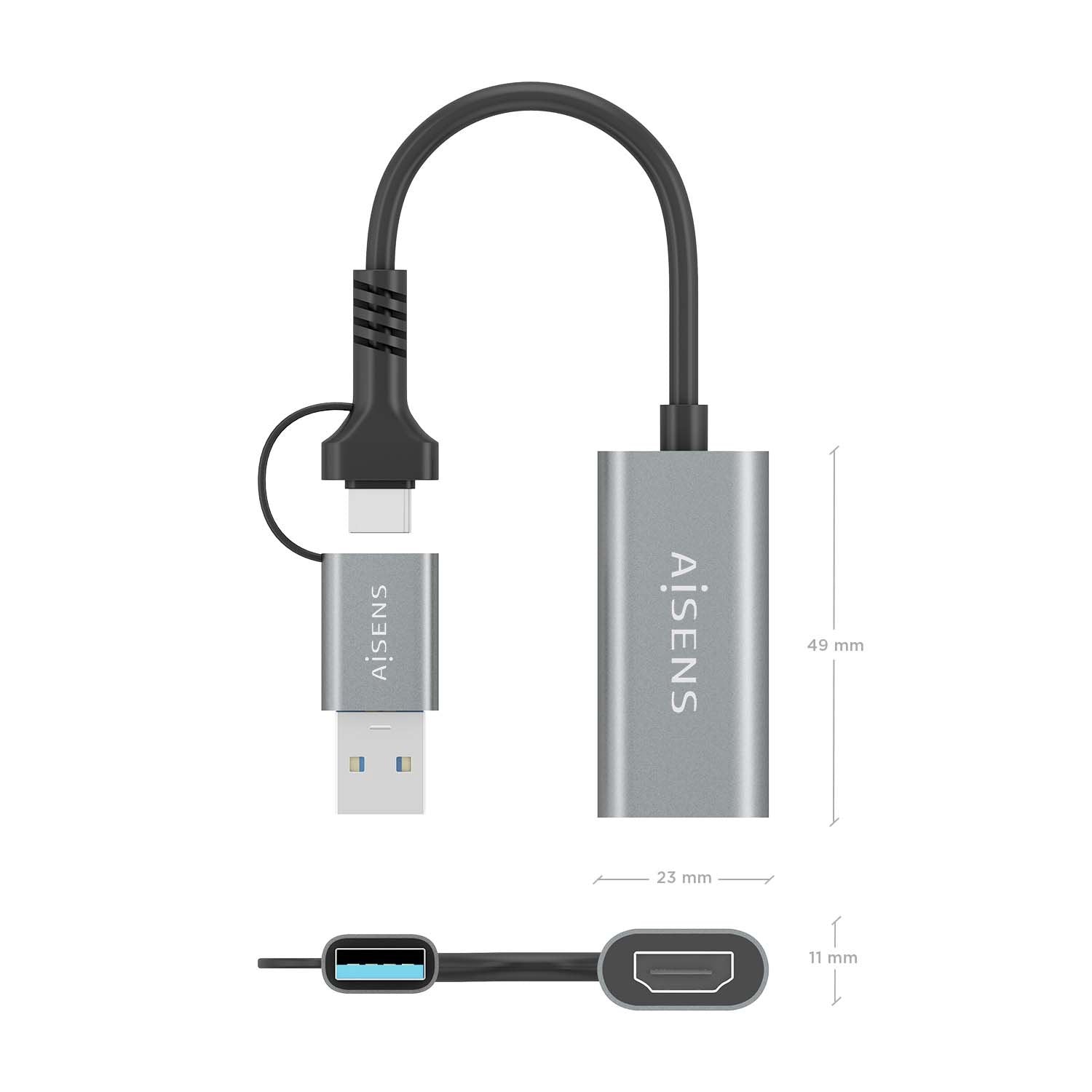 Aisens Conversor Aluminio Usb-A+Usb-C A Hdmi 1080p@60hz, Usb-A/M+Usb-C/M-Hdmi/H, Gris, 15cm
