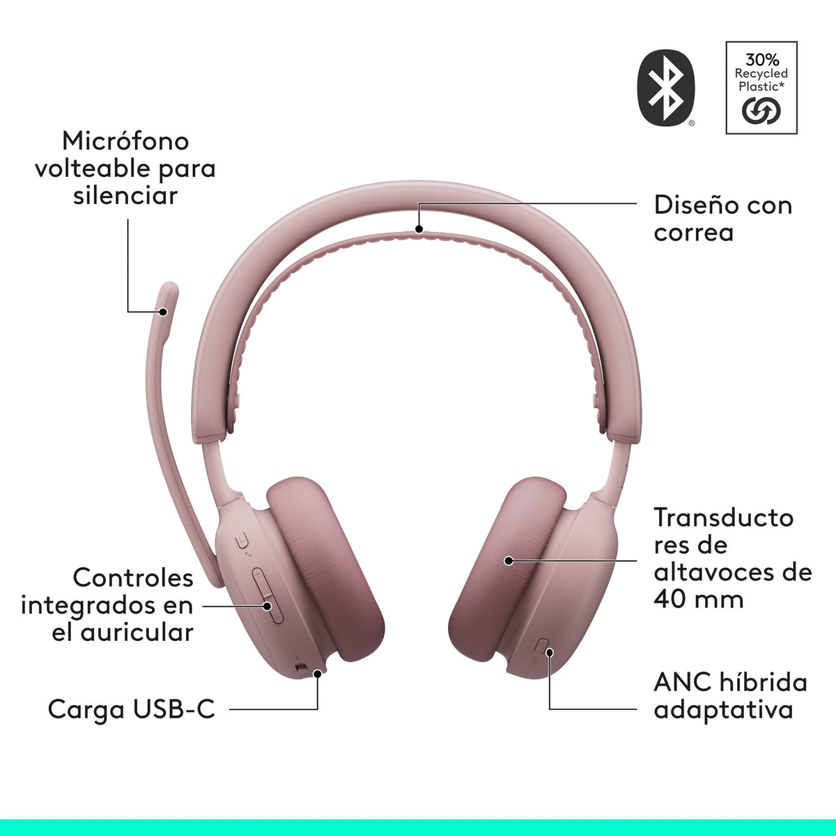 Auriculares Logitech Zone Wireless 2 Inalámbricos Bluetooth Con Cancelación De Ruido Rosa