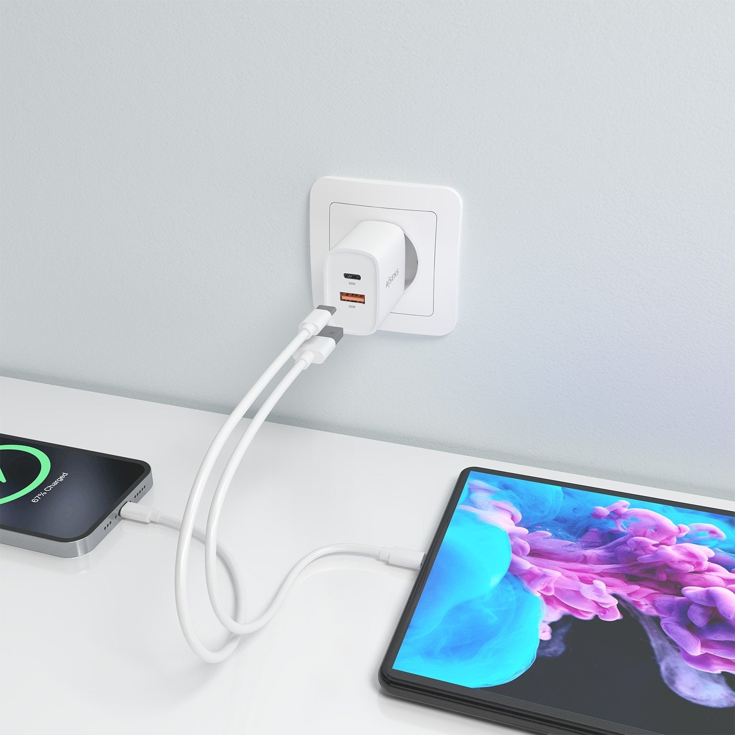 Aisens Cargador Gan 30w, 1xusb-C Pd3.0 Qc4.0, 1xusb-A Qc3.0, Blanco