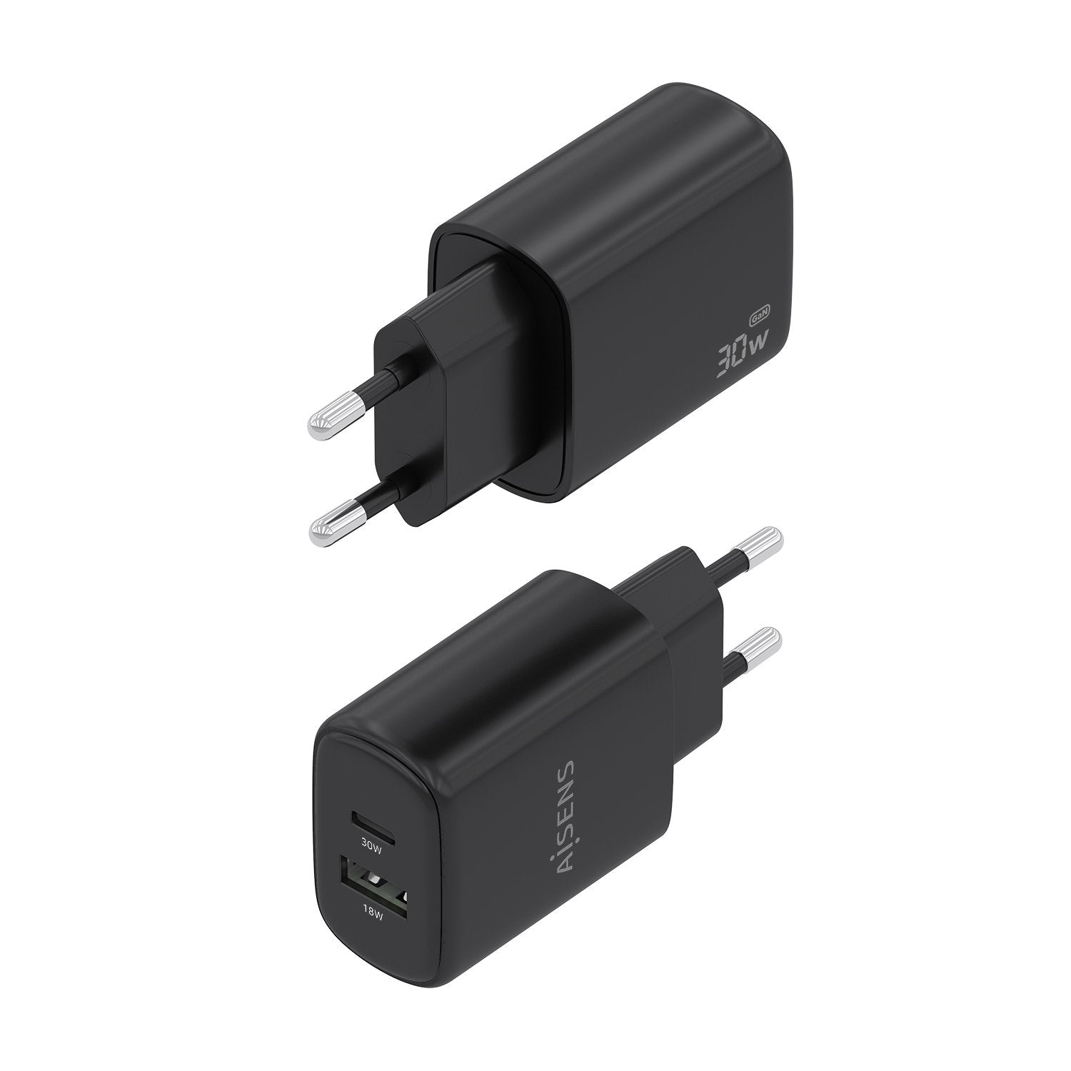 Aisens Cargador Gan 30w, 1xusb-C Pd3.0 Qc4.0, 1xusb-A Qc3.0, Negro