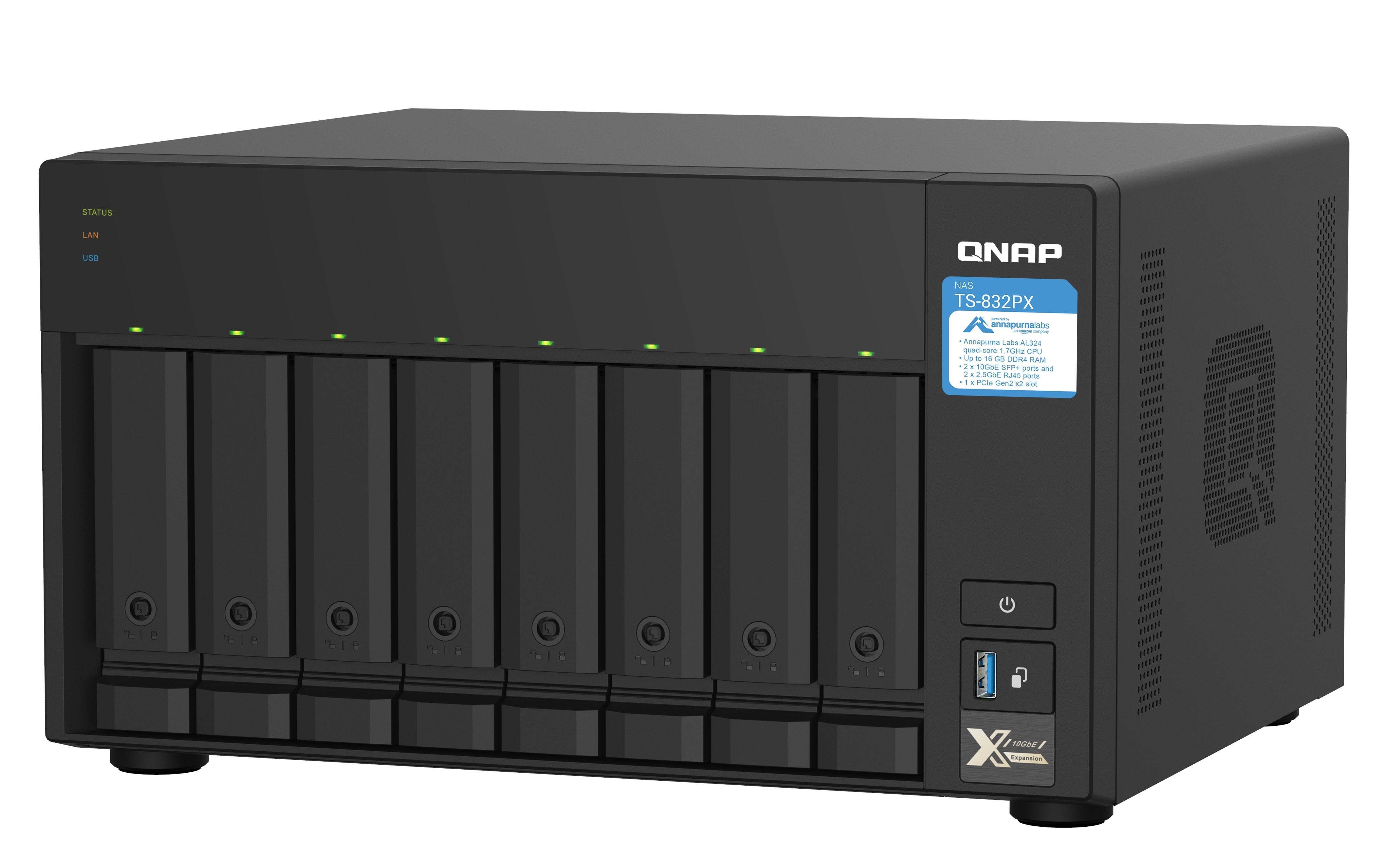 Qnap Ts-832px-4g 8-Bay Nas Server Al324 1.7ghz Quad Core 4gb Ddr4 Sodimm Max. 16gb 2x10gbe Sfp+ Lan + 2x2.5gbe
