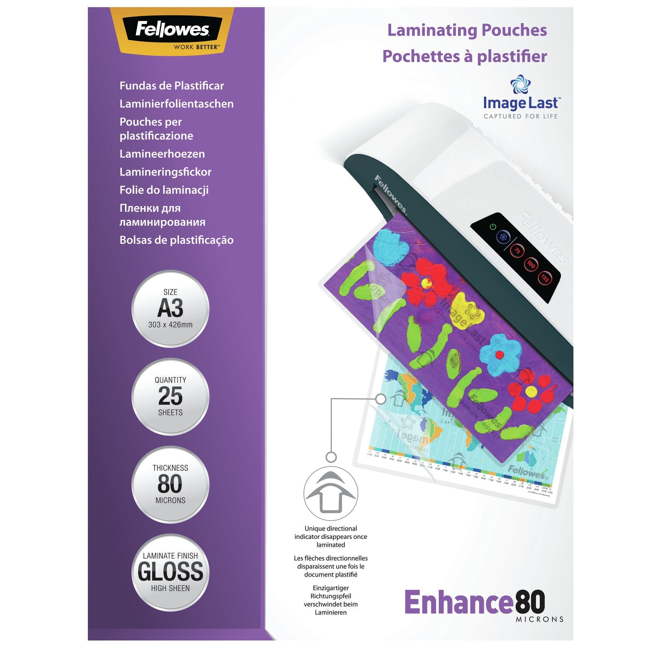 Fellowes Pack De 25 Fundas Para Plastificar Brillo A3 - 80 Micras - Alta Calidad - Transparente