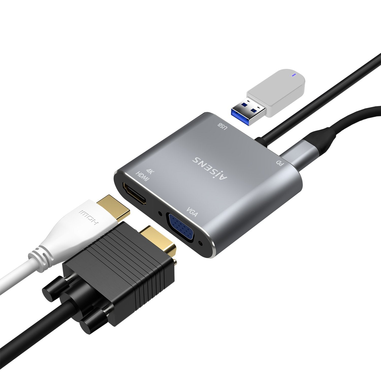 Aisens Conversor Usb-C A Vga/Hdmi 4k/Usb3.0/Usb-C Pd - Usb-C/M-Vga/H-Hdmi/H-Usb-A/H-Usb-C/H - 15cm - Gris