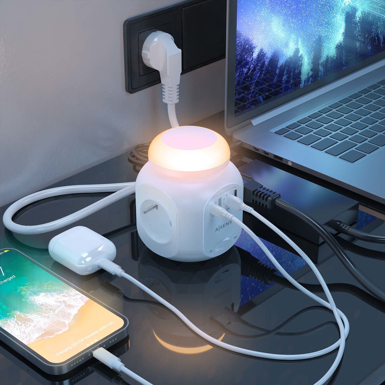 Aisens Regleta Sobremesa Multifuncion 4 Tomas + 1xusb-C 20w Pd3.0, 2xusb-A 18w Qc3.0, Luz Nocturna, 1.80m, Blanco