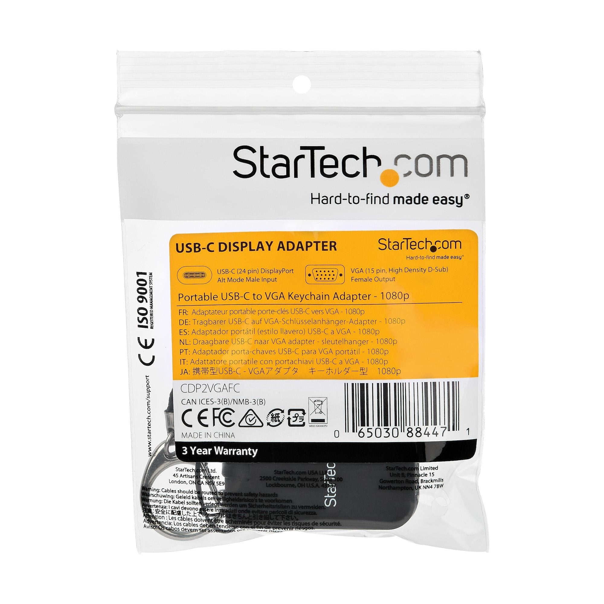 Startech.Com Adaptador Portátil Usb-C A Vga Con Llavero De Conexión Rápida, Usb Tipo C, Salida Vga (D-Sub), 1920 X 1080 Pixeles