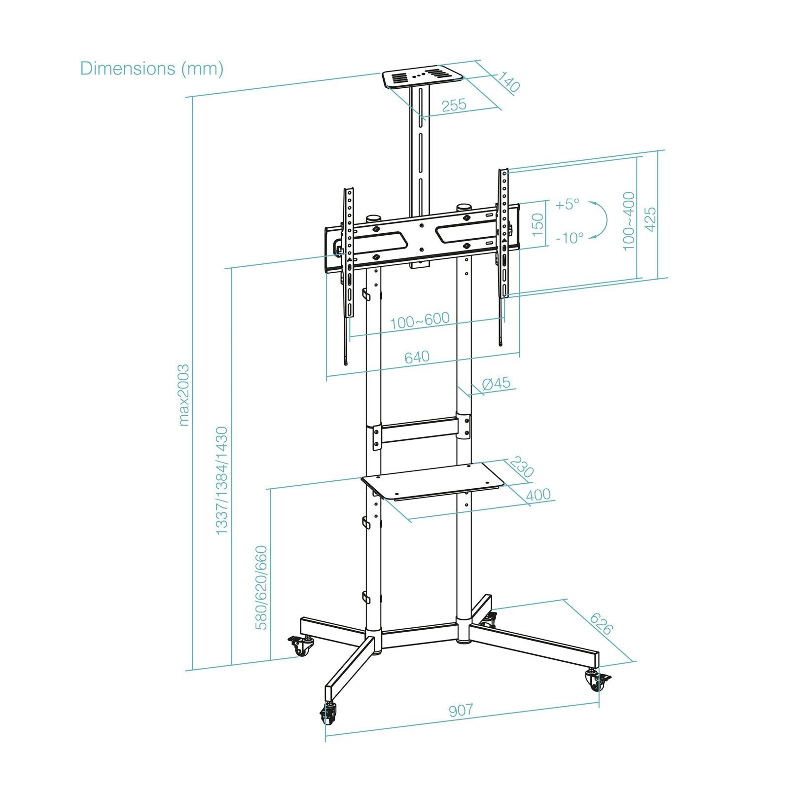 Soporte Suelo Tooq Ruedas "Nefertiti" 37-70" Negro