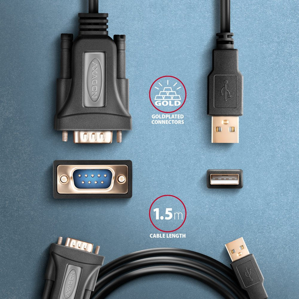 EAN 8595247907622 - Axagon ADS-1PQN USB-A 2.0 - serial RS-232 DB9-M FTDI adapter cable 1.5m - Adapter - Digital/Daten cable d imagen 5