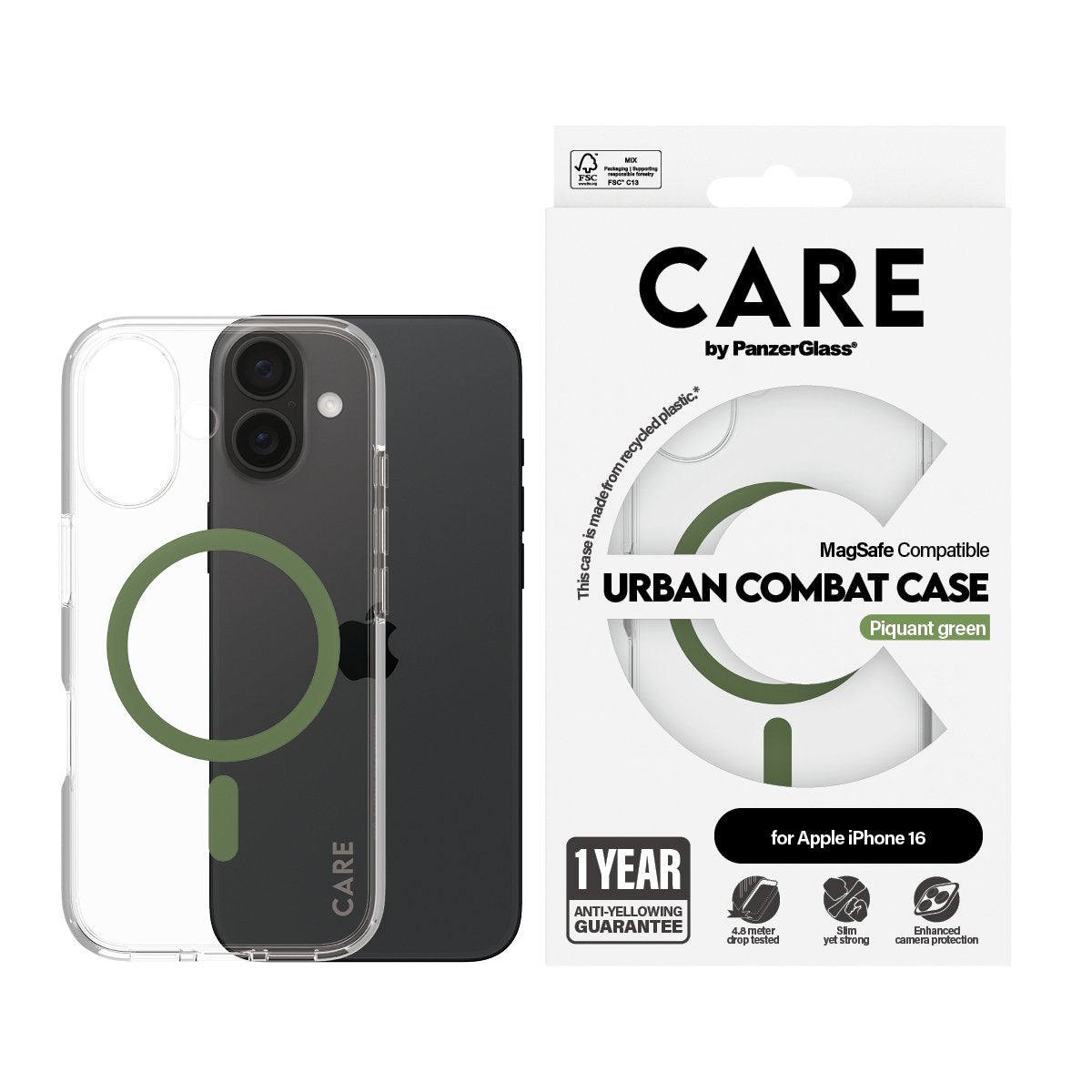 EAN 5715685004353 - PanzerGlass CARE™ by ® Urban Combat Case Transparent w. Green MagSafe iPhone 16 funda para teléfono móvil imagen 2