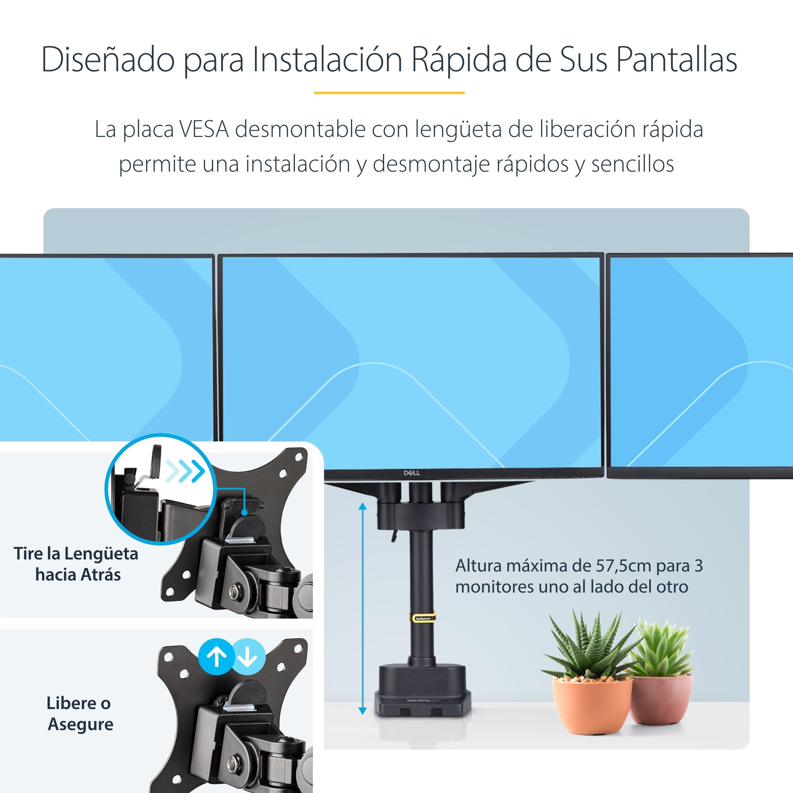Startech.Com Triple Monitor Desk Mount For Up To Three 27in Screens, Vesa 75x75/100x100, Tool-Less Arm Adjustments, C-Cl