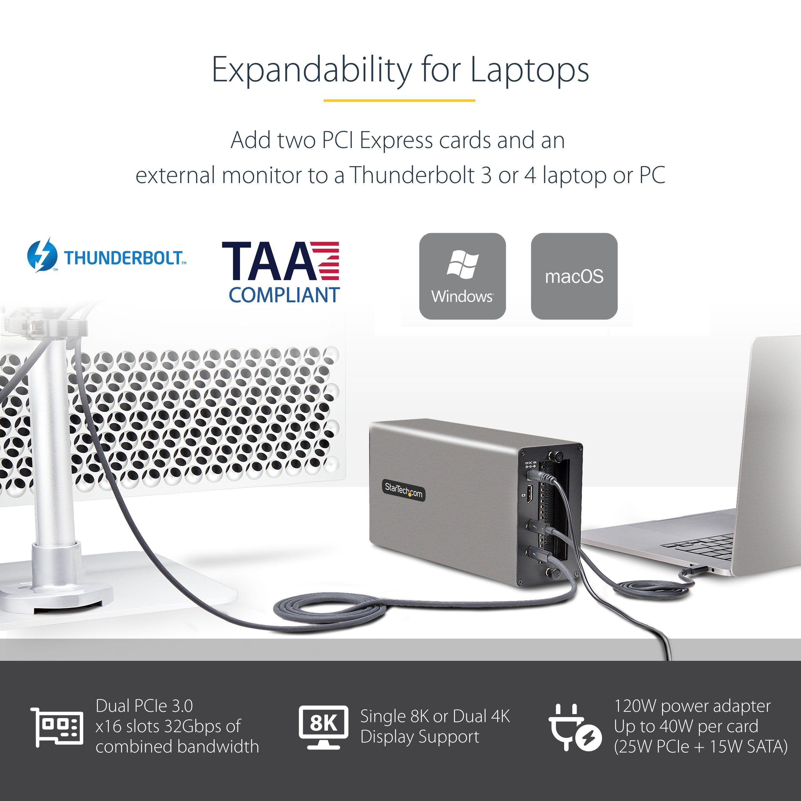 Startech.Com Caja De Expasión Thunderbolt 3 A Pci Express - Carcasa Con 2 Ranuras Pcie Para Portátiles - 8/4k Por Tb3/Dp 1.4 - Adaptador Tb3 A Pcie - No Compatible Con Tarjetas Gráficas Gpus