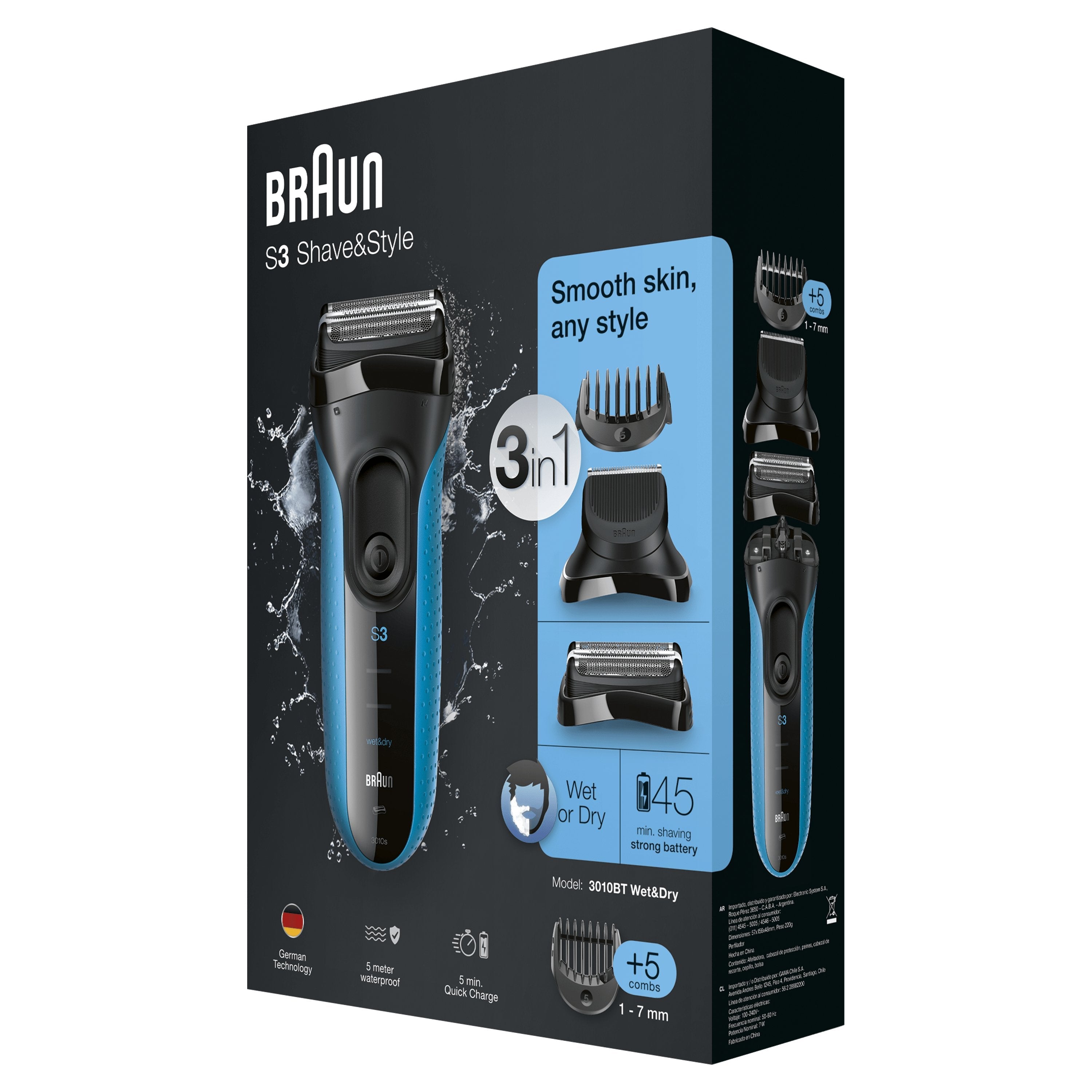 Braun Series 3 Shave&Style 3010bt Máquina De Afeitar De Láminas Recortadora Negro, Azul