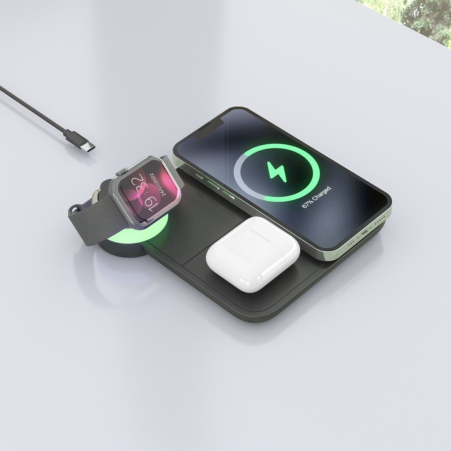 Aisens Cargador Inalambrico Usb-C 4 En 1 De 15w Para Movil, Apple Watch, Auriculares Con Estuche De Carga, Negro