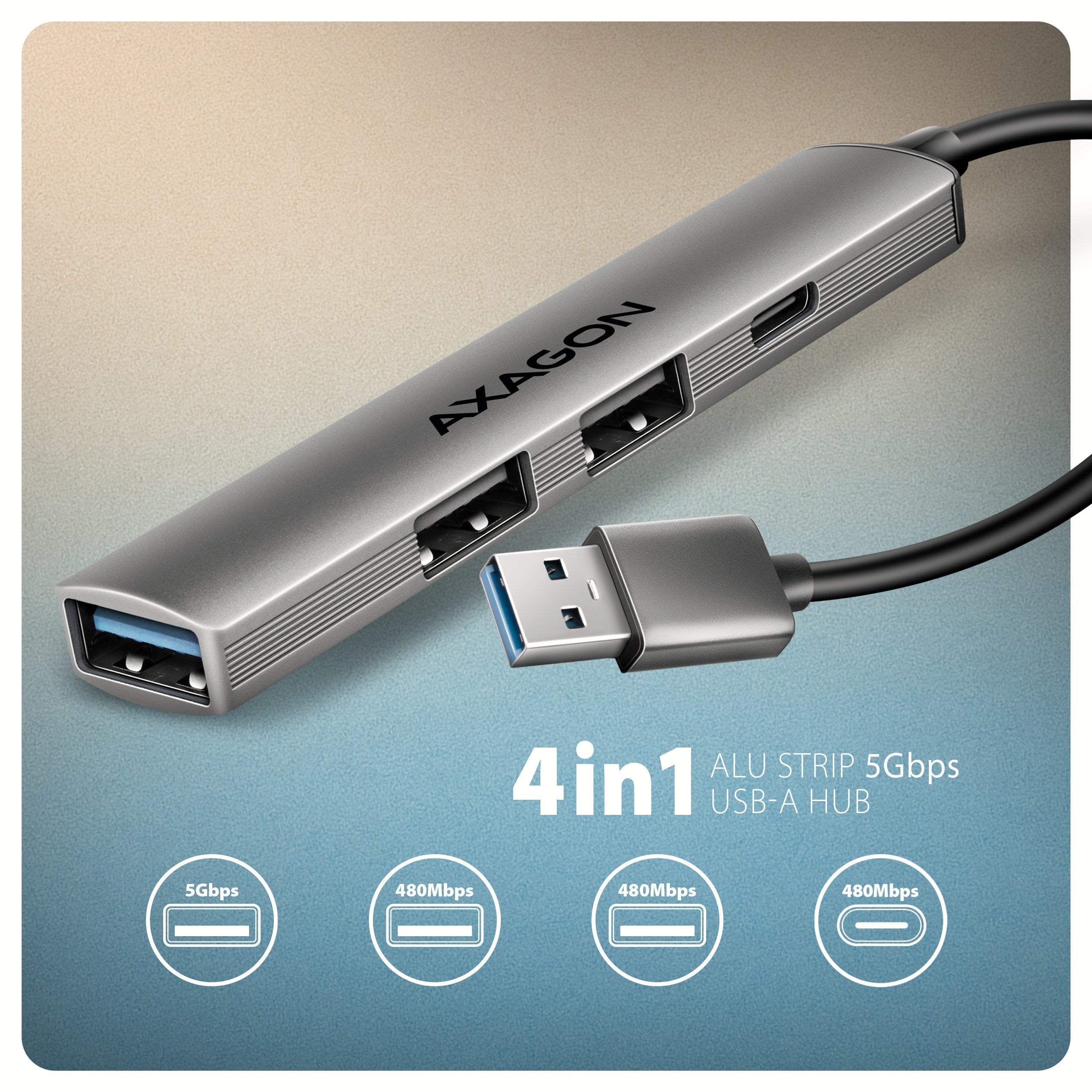 Hue-Sta Hub 4-Portowy 1x Usb-A 5gbps, 2x Usb2.0 + 1x Usb-C 2.0, 12cm Kabel Usb-A