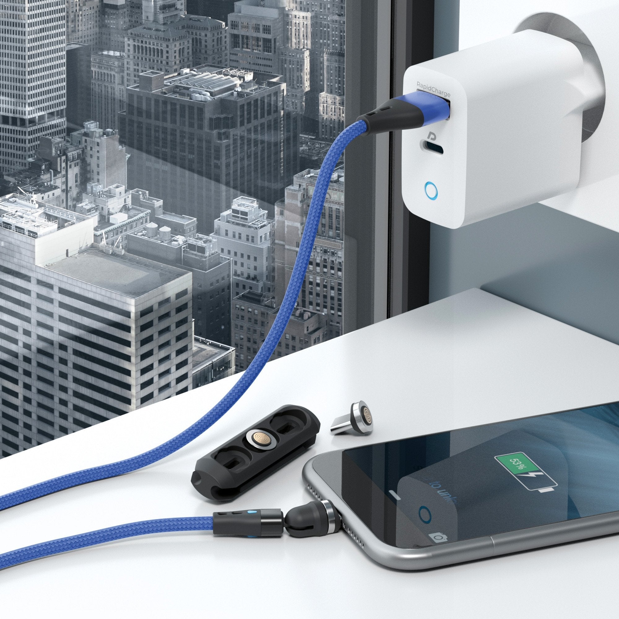 Realpower Magnetic Cable 3 Amp,1m,Azul Con Adaptadorn