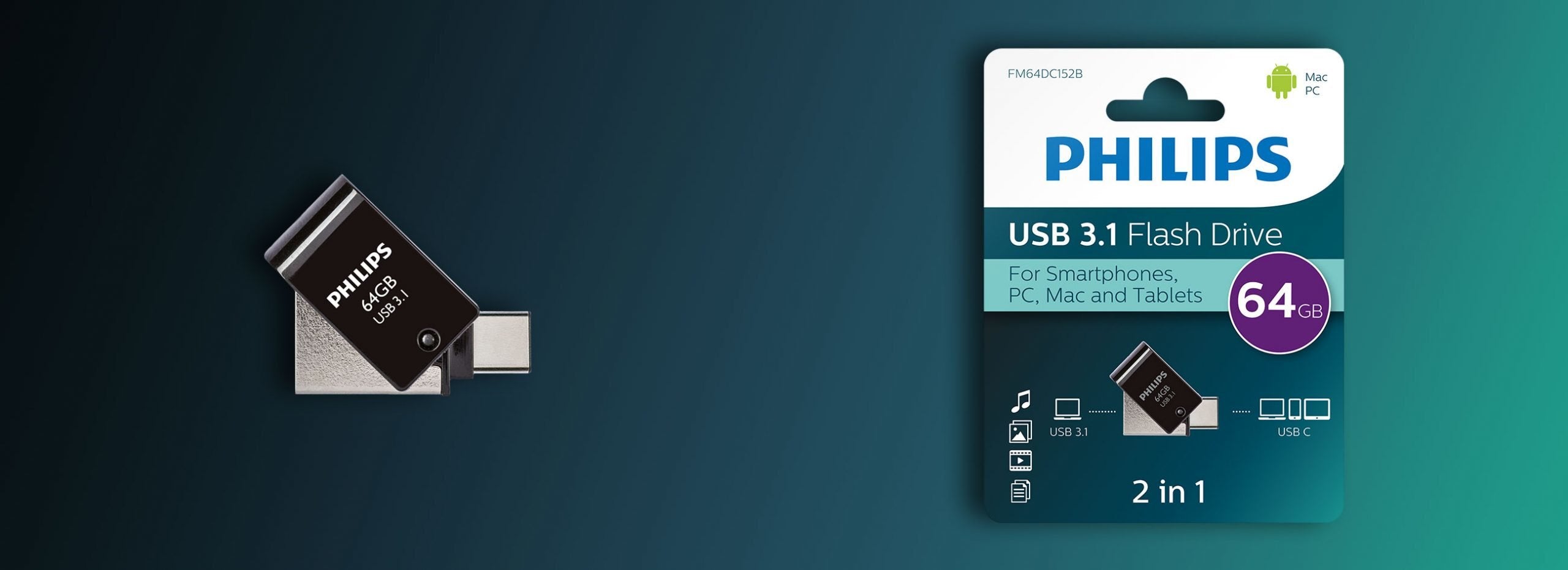 Philips 2 In 1 Otg 64gb Usb 3.1 + Usb C Midnight Black