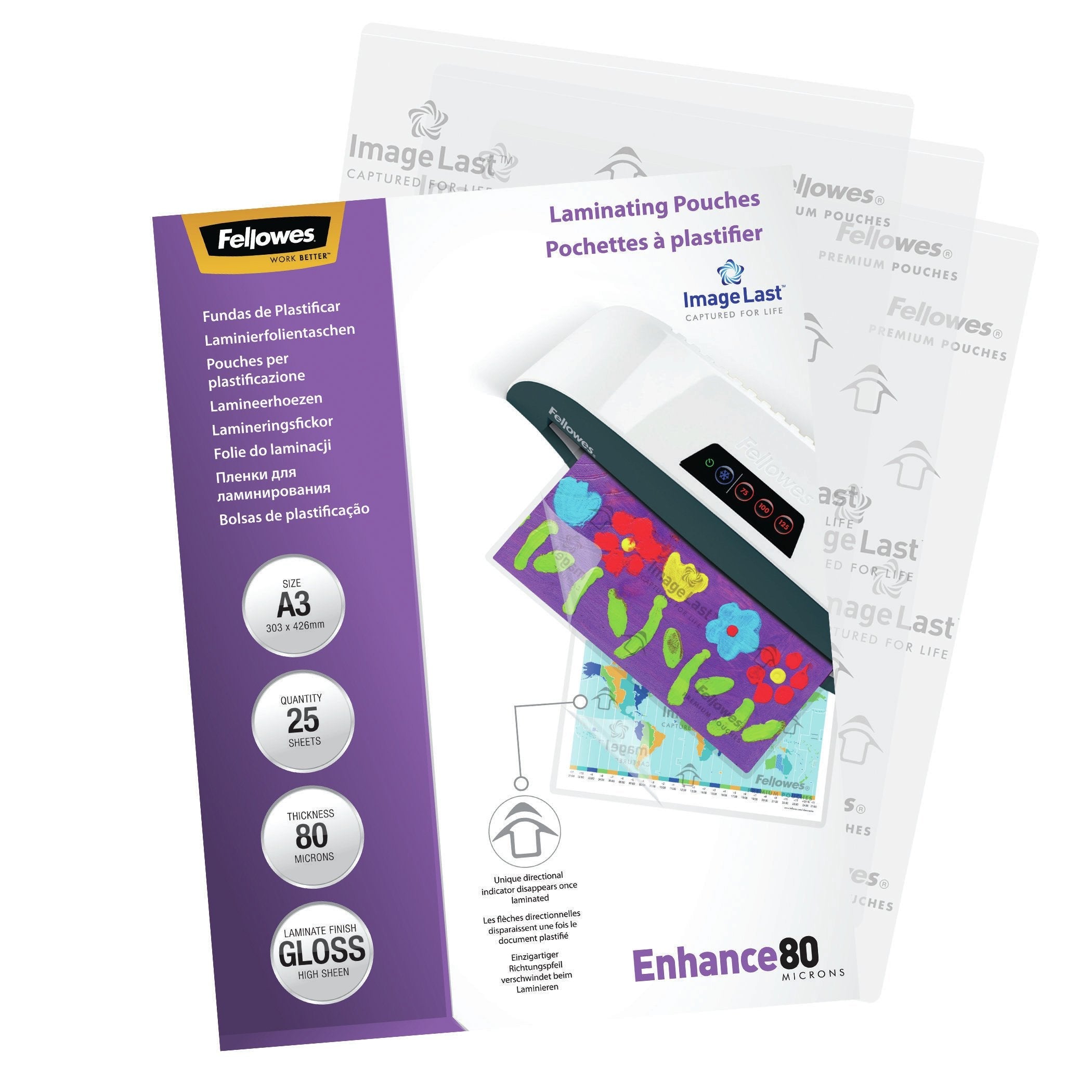 Fellowes Pack De 25 Fundas Para Plastificar Brillo A3 - 80 Micras - Alta Calidad - Transparente