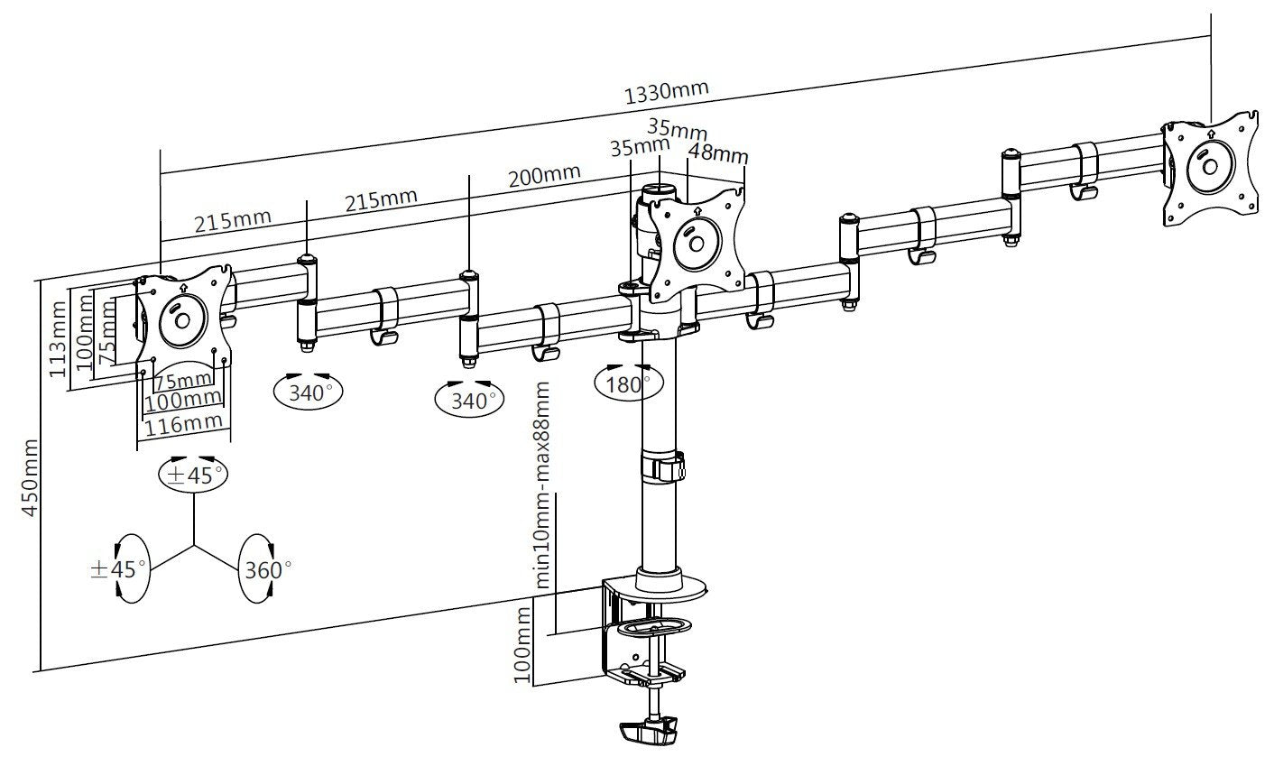 Equip Soporte Doble Brazo Articulado De Mesa Para 3 Monitores 13" 27" Vesa 100x100 Max 24kg