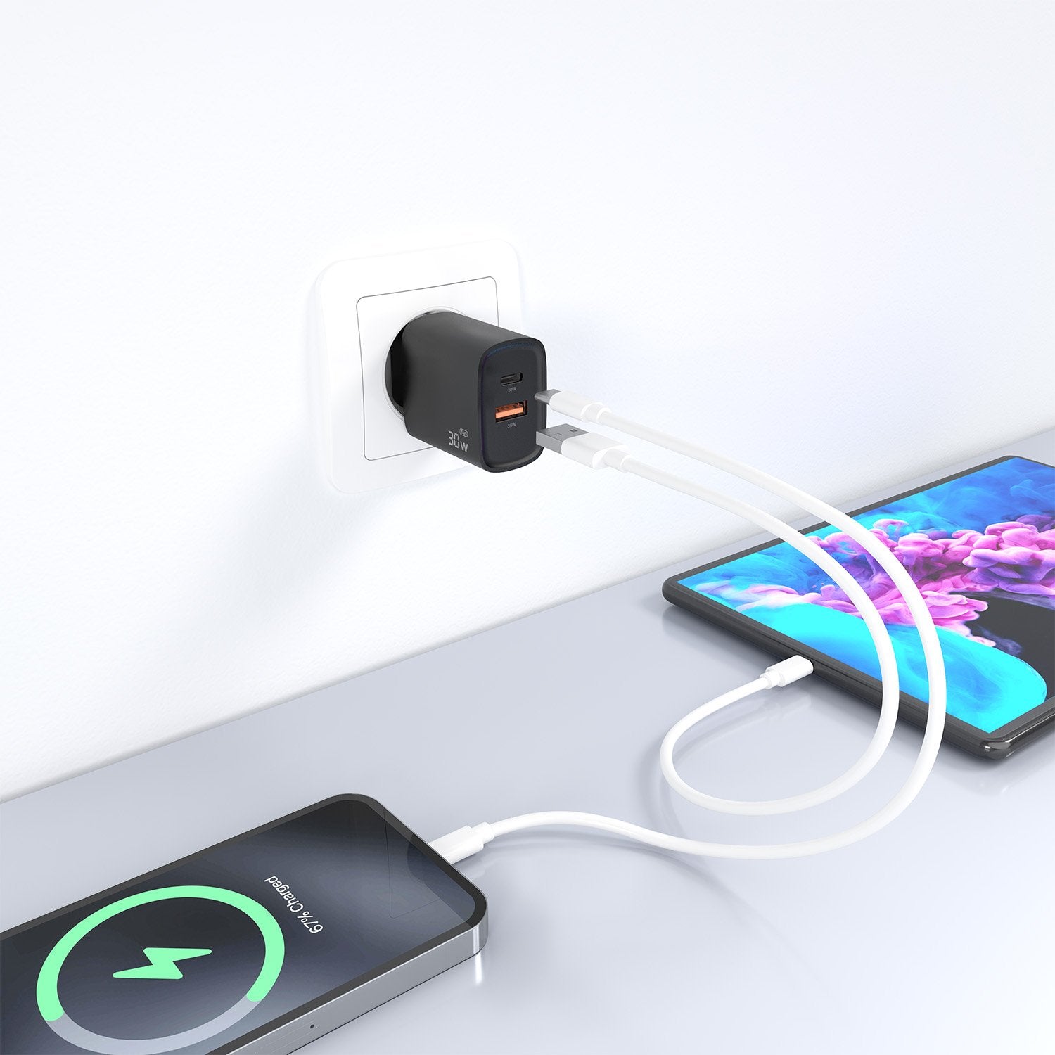 Aisens Cargador Gan 30w, 1xusb-C Pd3.0 Qc4.0, 1xusb-A Qc3.0, Negro