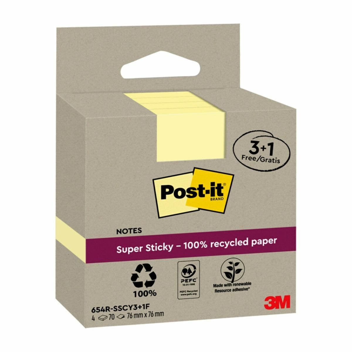 Post-It Super Sticky Pack De 4 Blocs De 70 Notas Adhesivas Recicladas - Forma Cuadrada - 76x76mm - Amarillo Claro