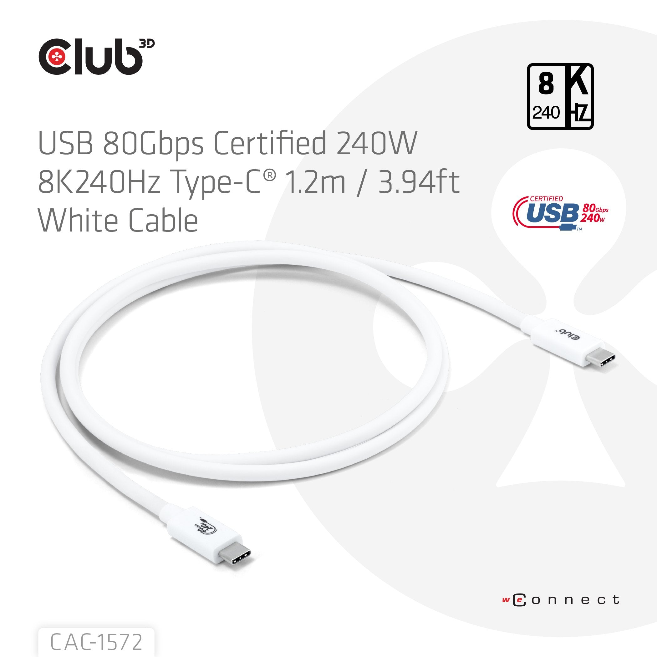 Club3d Cable Usb C Zertifi. Pd240w 8k240hz 80gbps 1,2m Blanco Retail
