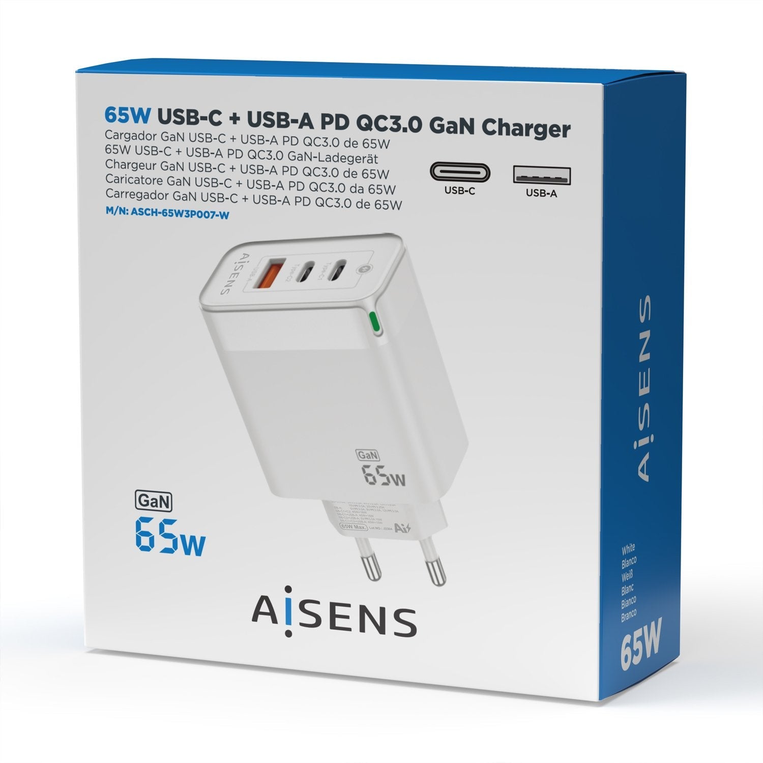 Aisens Cargador Gan 65w - 2xusb-C Pd3.0 Qc4.0 - 1xusb-A Qc3.0 - Blanco