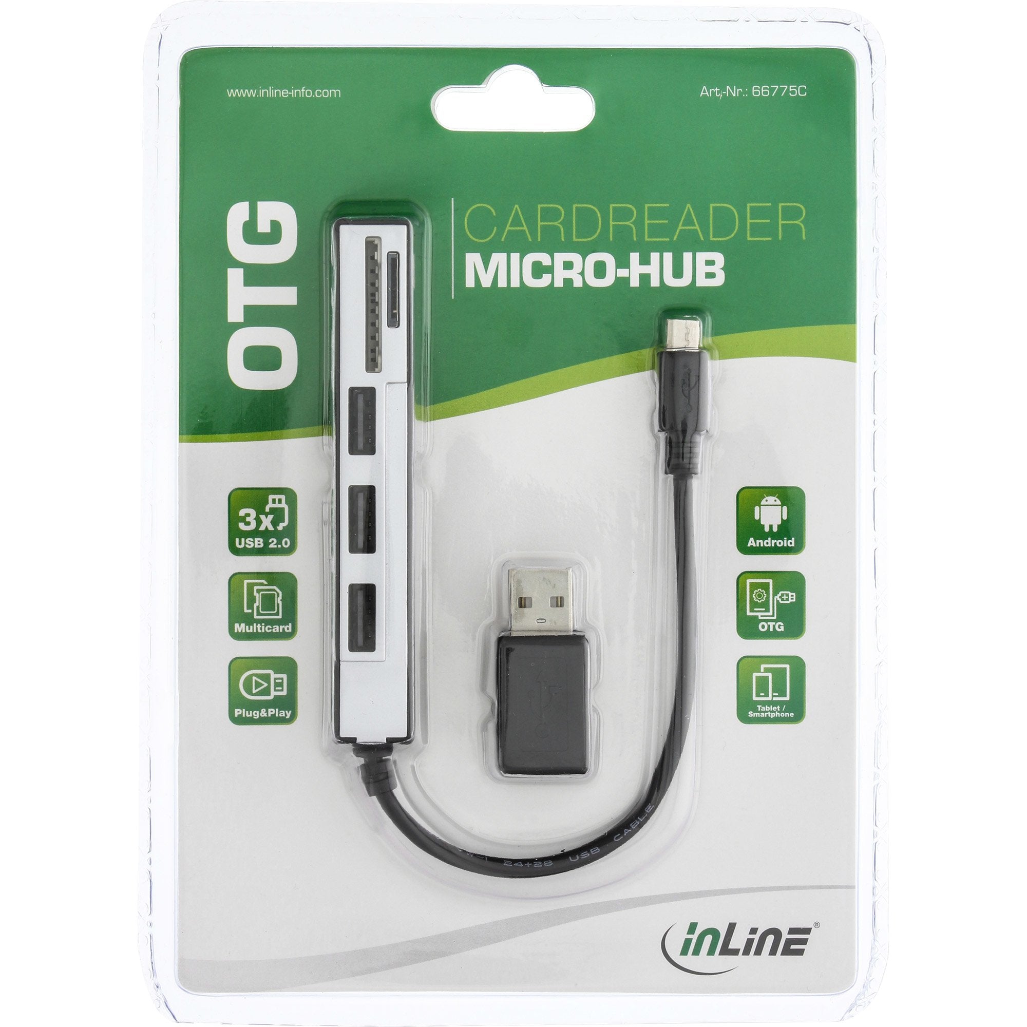 Lector De Tarjetas Inline Usb Otg Y Concentrador Usb 2.0 De 3 Puertos Para Sdxc Y Microsd + Adaptador
